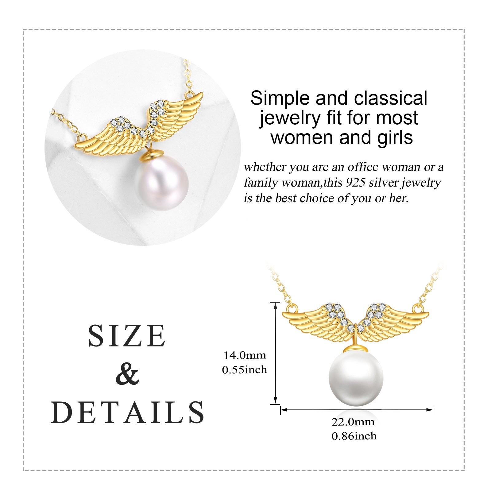 14K Gold Round Pearl Angel Wings Pendant Necklace