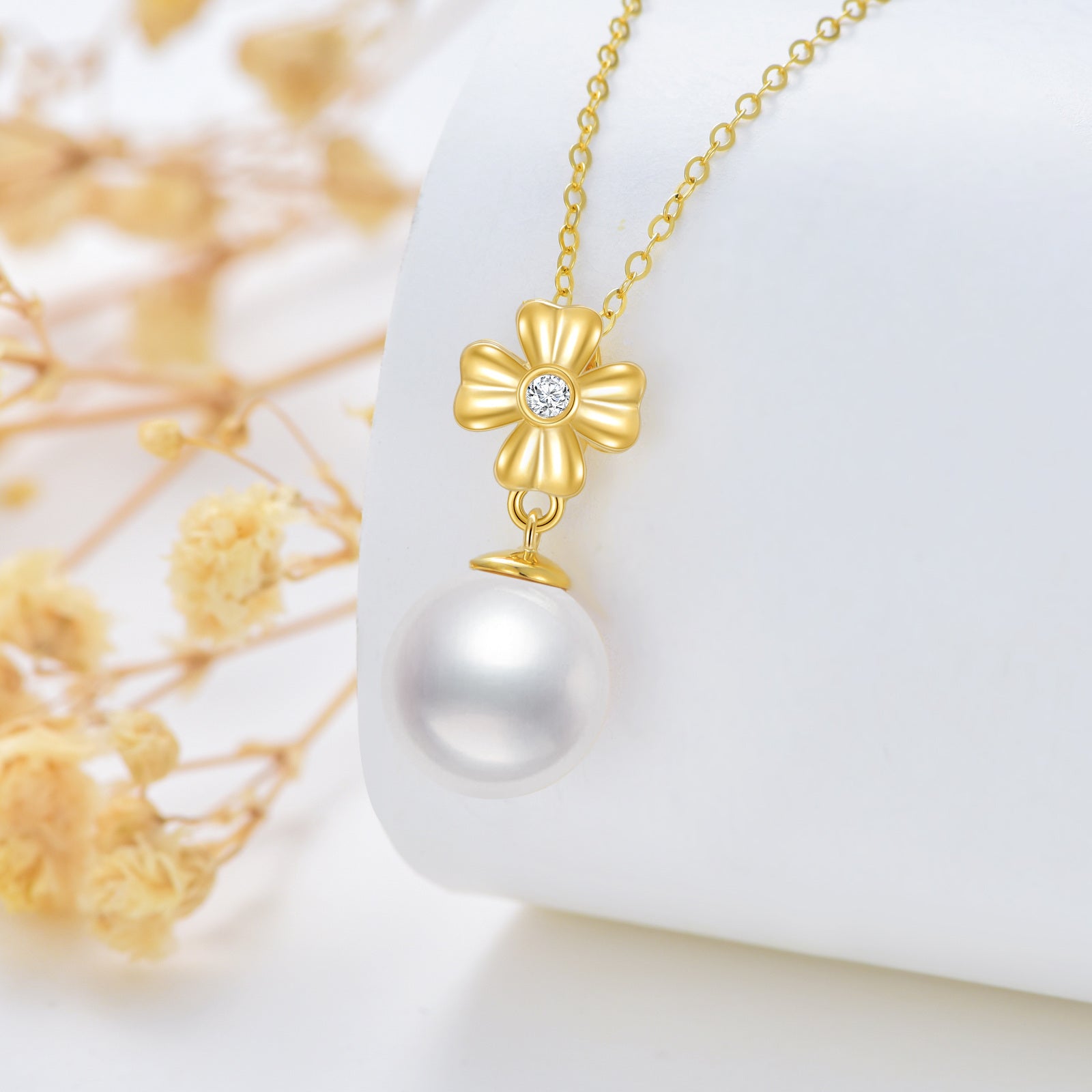14K Gold Round Pearl Cross Pendant Necklace