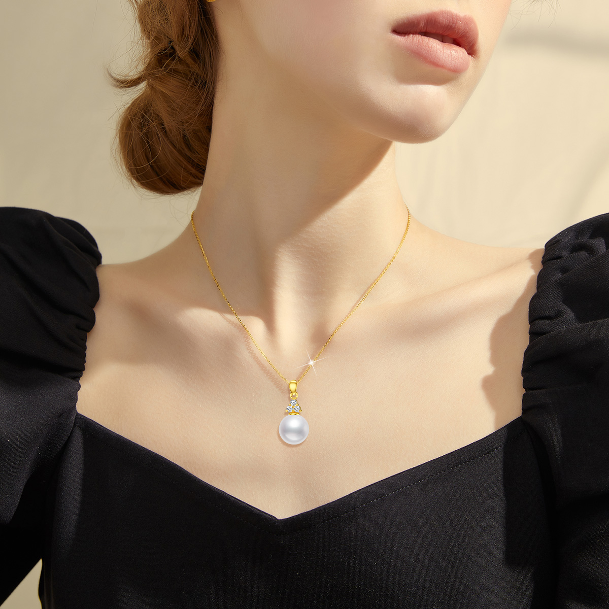 14K Gold Round Pearl Zircon Pendant Necklace For Women