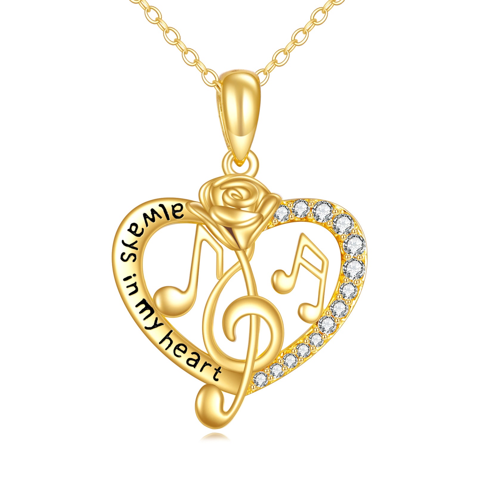 14K Gold Round Cubic Zirconia Rose & Heart & Music Symbol Pendant Necklace with Engraved Word