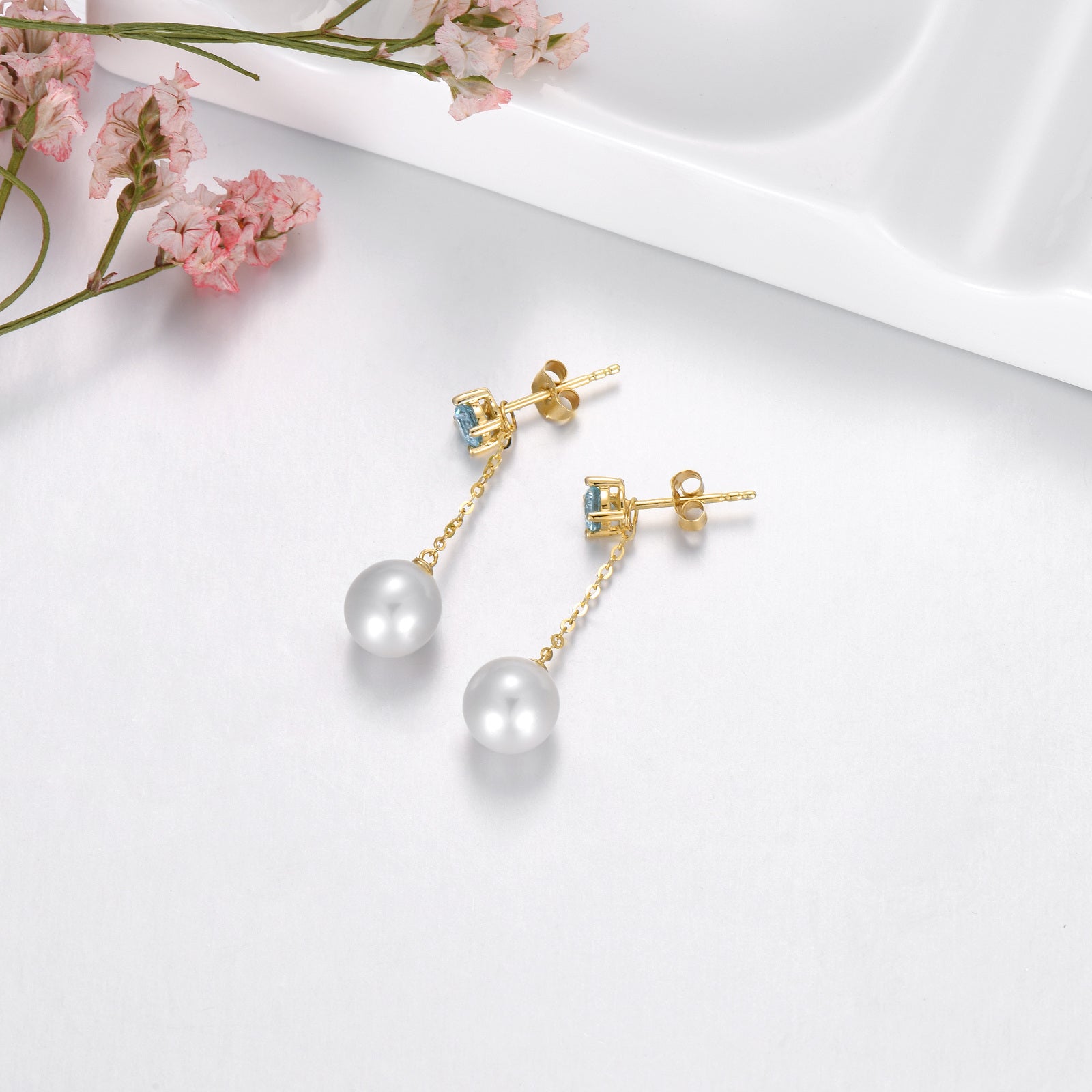 14K Gold Round Topaz & Pearl Drop Earrings For Women Best Friends