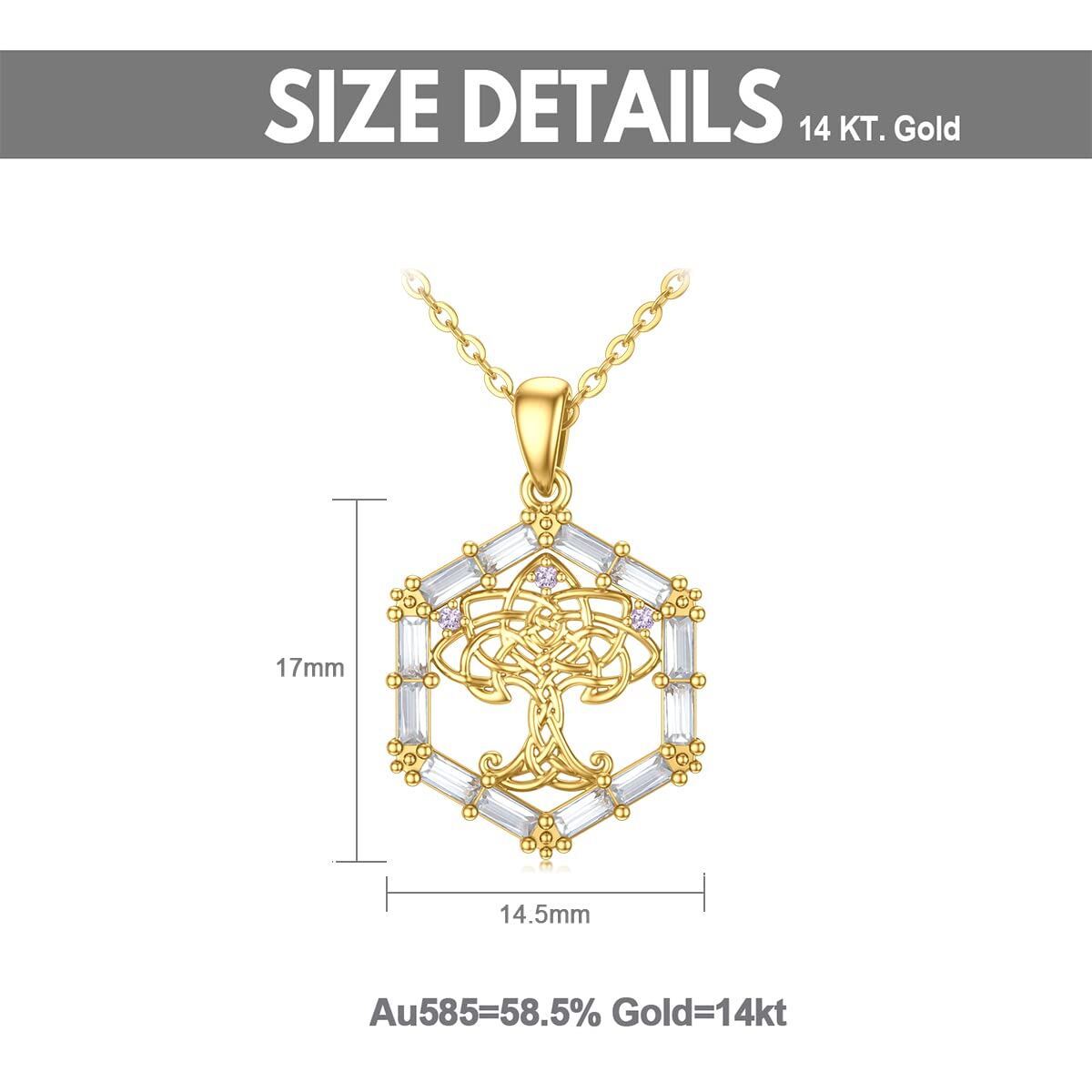 9K Gold Round Cubic Zirconia Tree Of Life & Celtic Knot Pendant Necklace