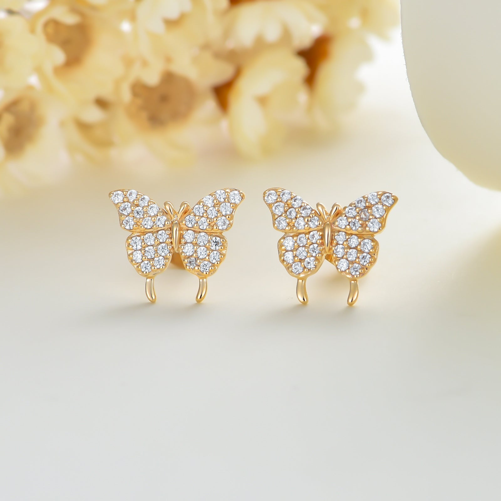 Sterling Silver with Yellow Gold Plated Round Cut Cubic Zirconia Butterfly Stud Earrings
