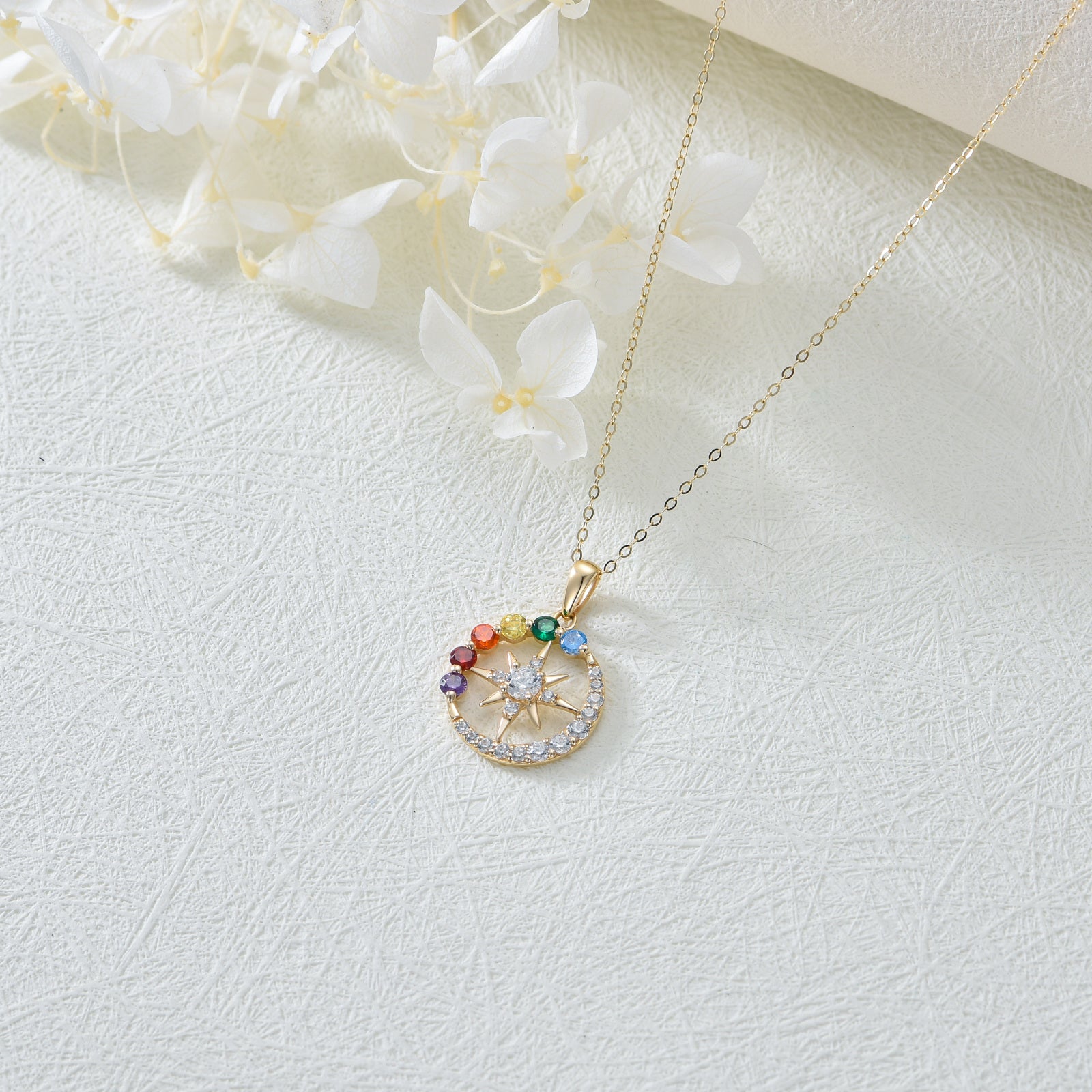 14K Gold Round Zircon Chakras Moon Sun Pendant Necklace For Women