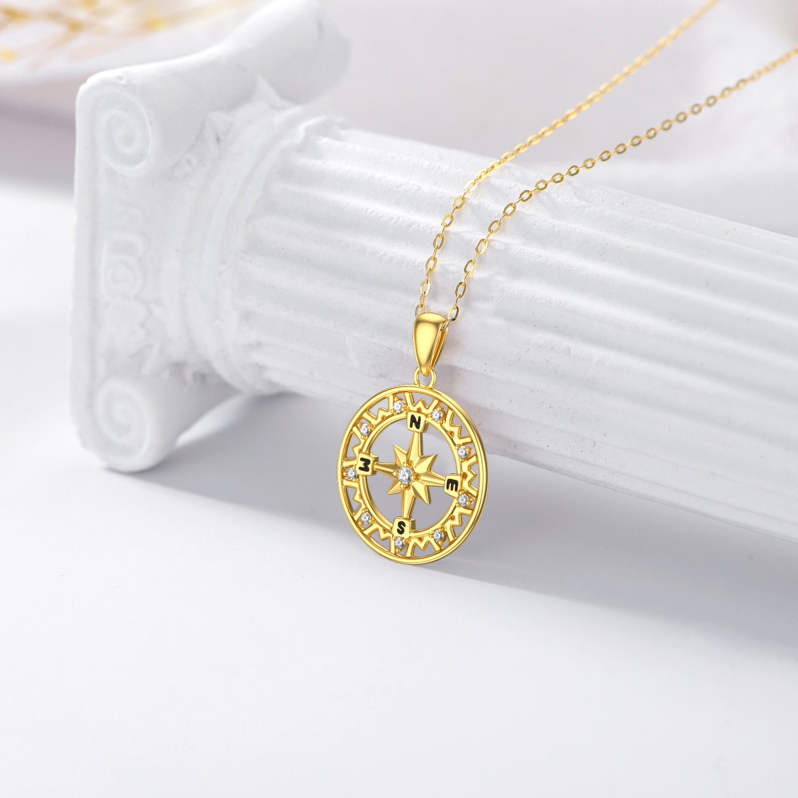 14K Gold Round Zircon Compass Pendant Necklace