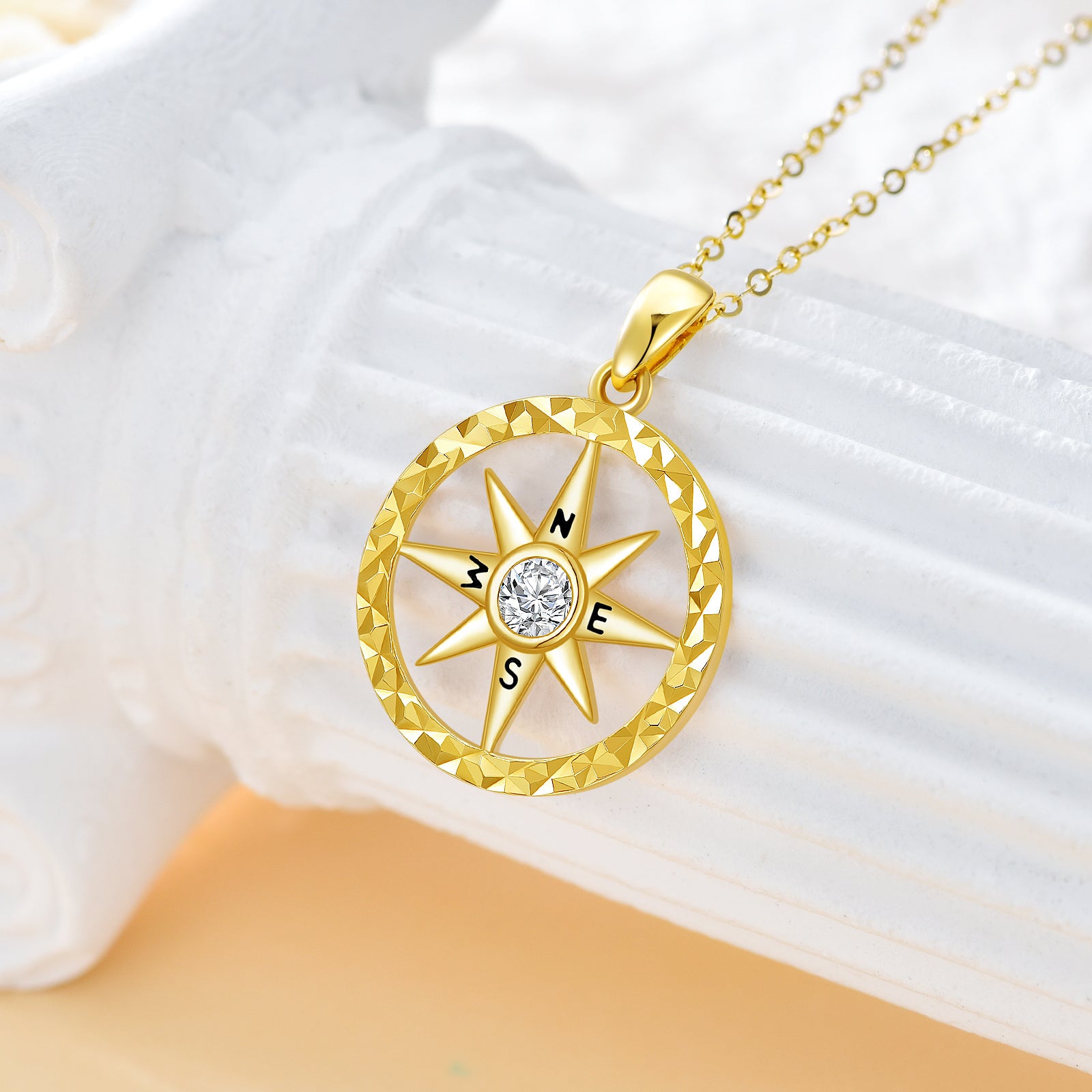 14K Gold Round Zircon Compass Pendant Necklace