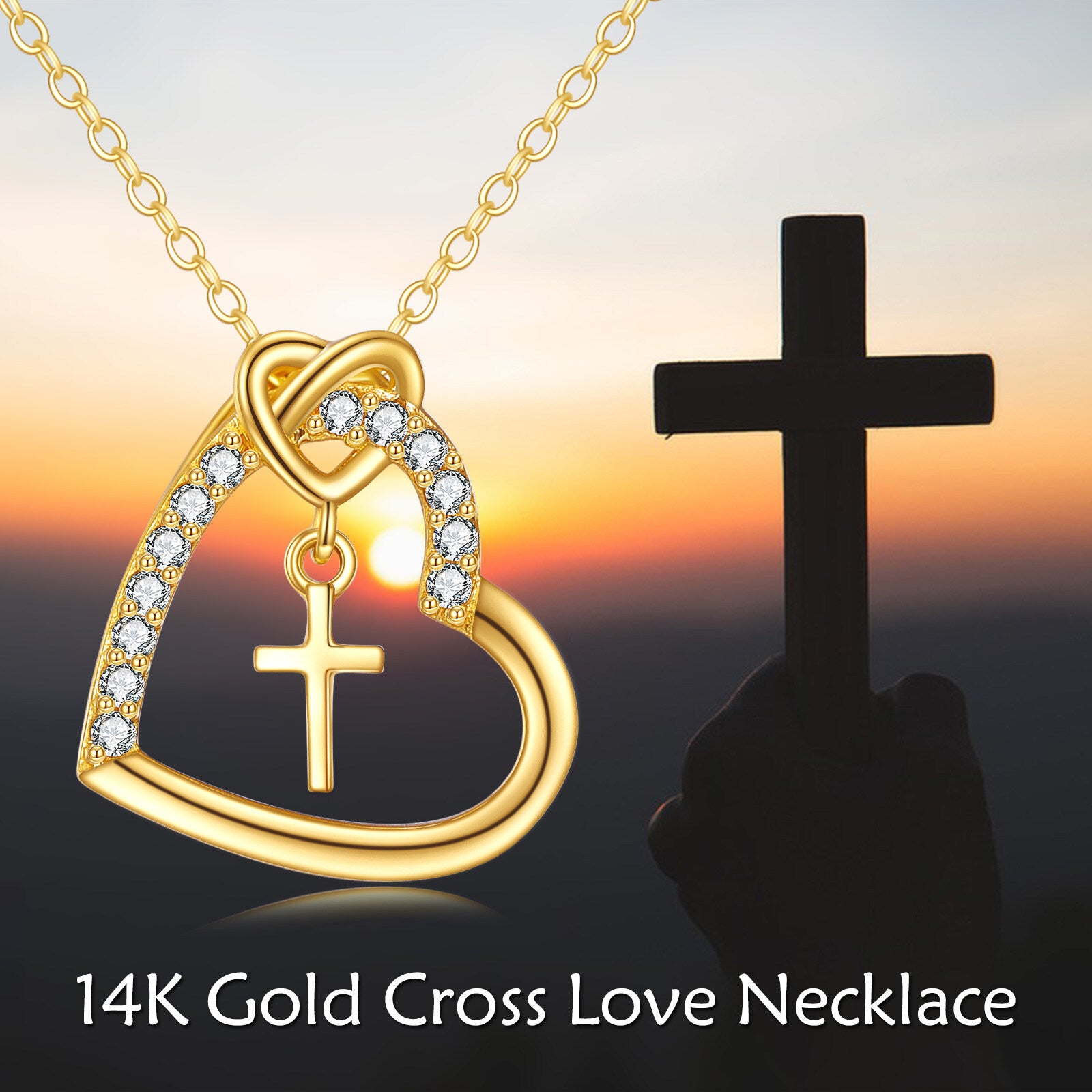 14K Gold Round Zircon Cross & Heart Pendant Necklace