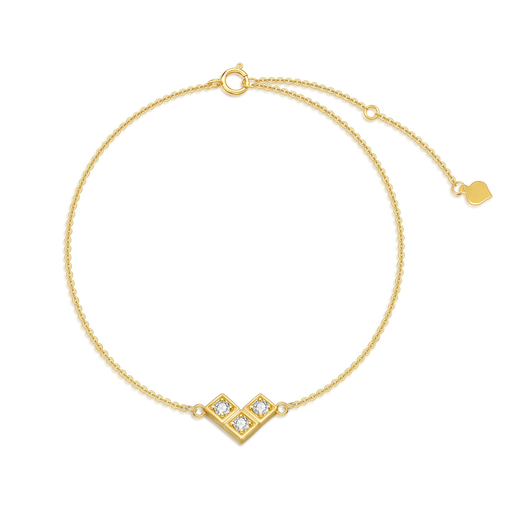 14K Gold Round Zircon Square Charm Bracelet