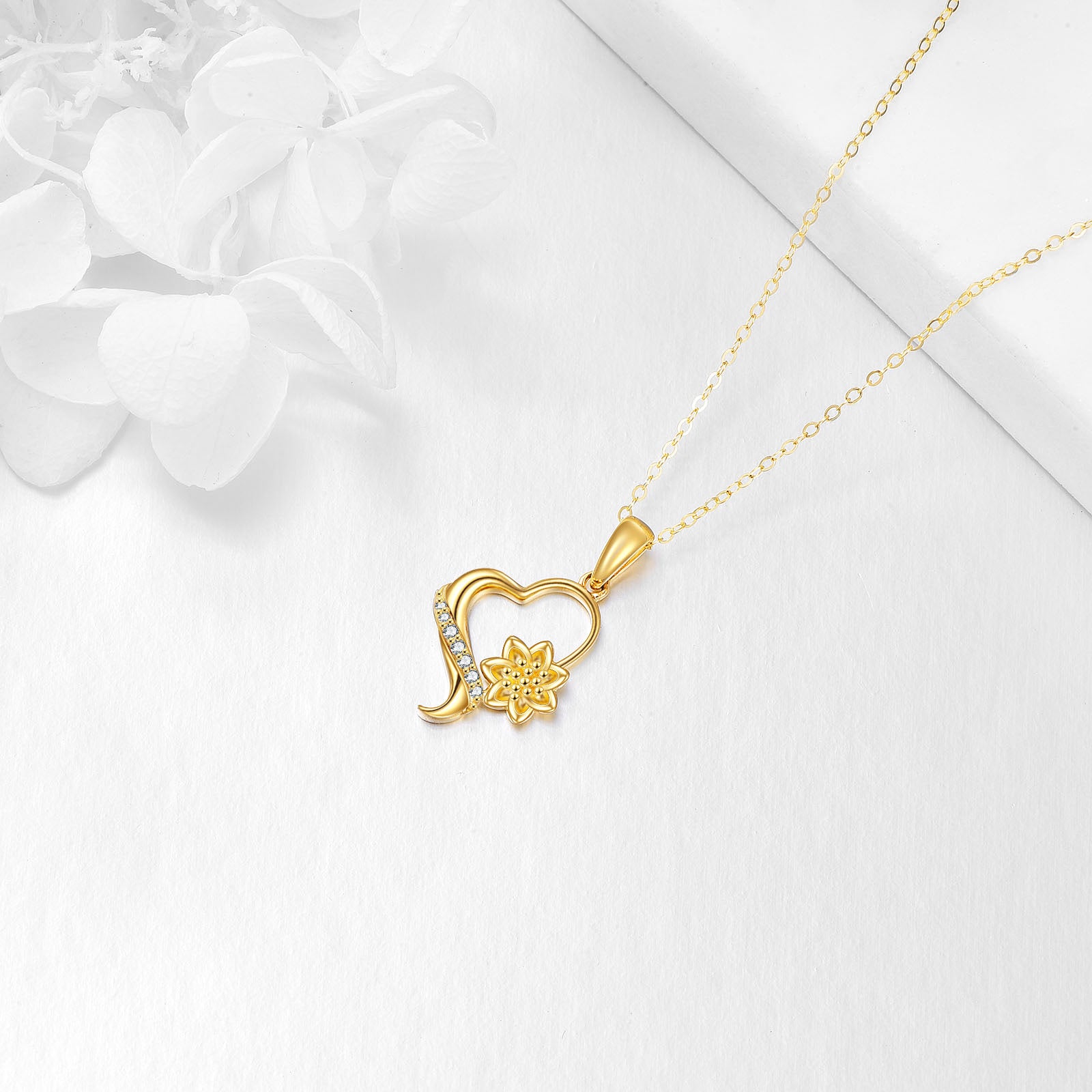 14K Gold Round Zircon Sunflower & Heart Pendant Necklace