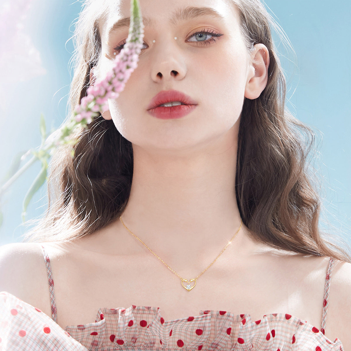 14K Gold Round Zircon Swan & Heart Pendant Necklace