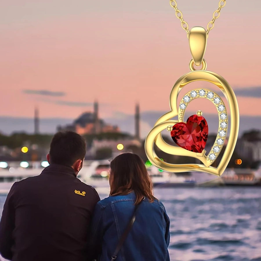 14K Gold Ruby Couple Mother Heart With Heart Pendant Necklace Gemstone Necklaces