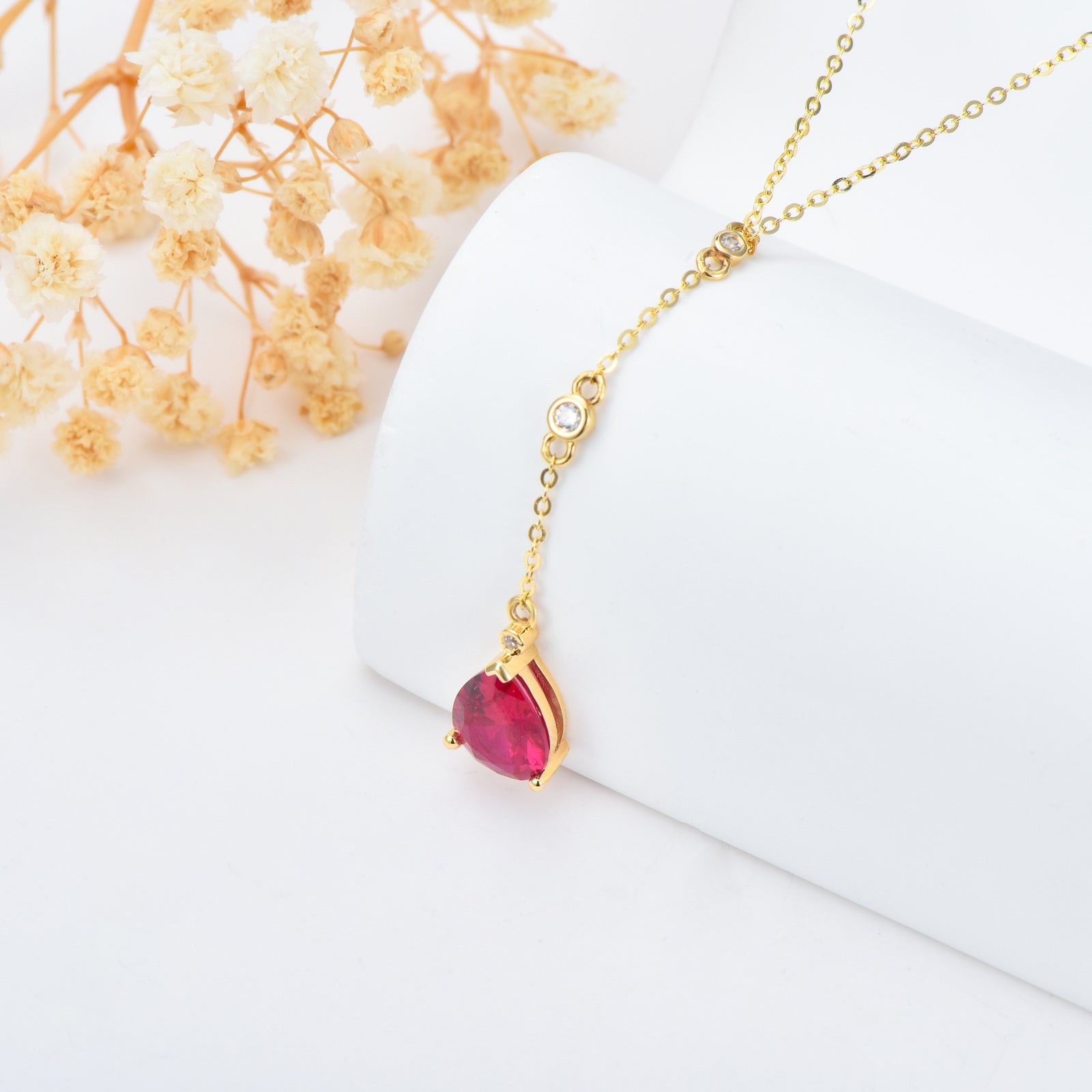 14K Gold Cubic Zirconia & Ruby Drop Shape Non-adjustable Y-Necklace