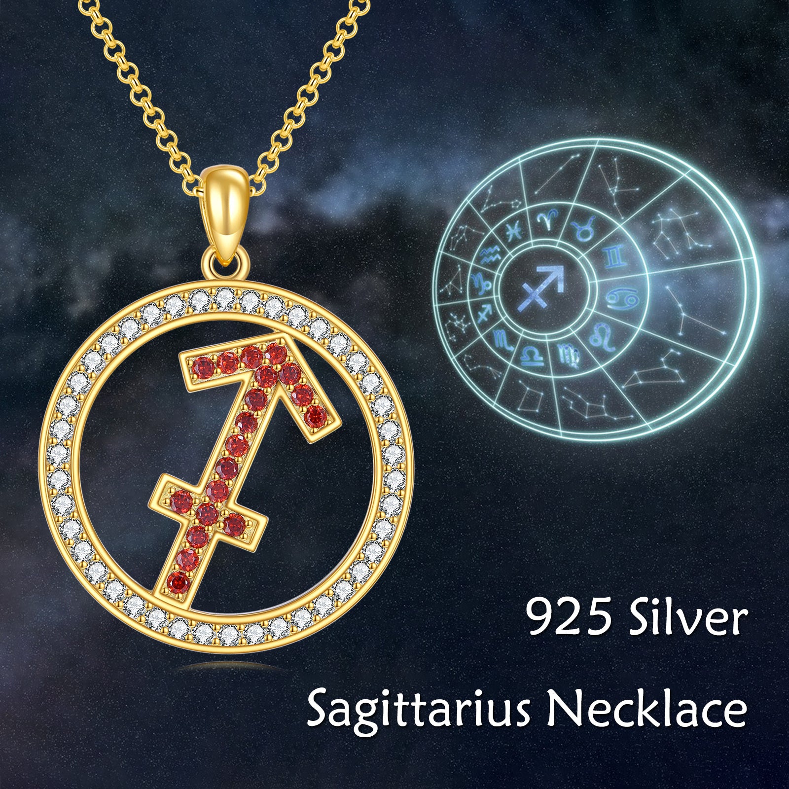Sterling Silver with Yellow Gold Plated Cubic Zirconia Sagittarius & Round Pendant Necklace