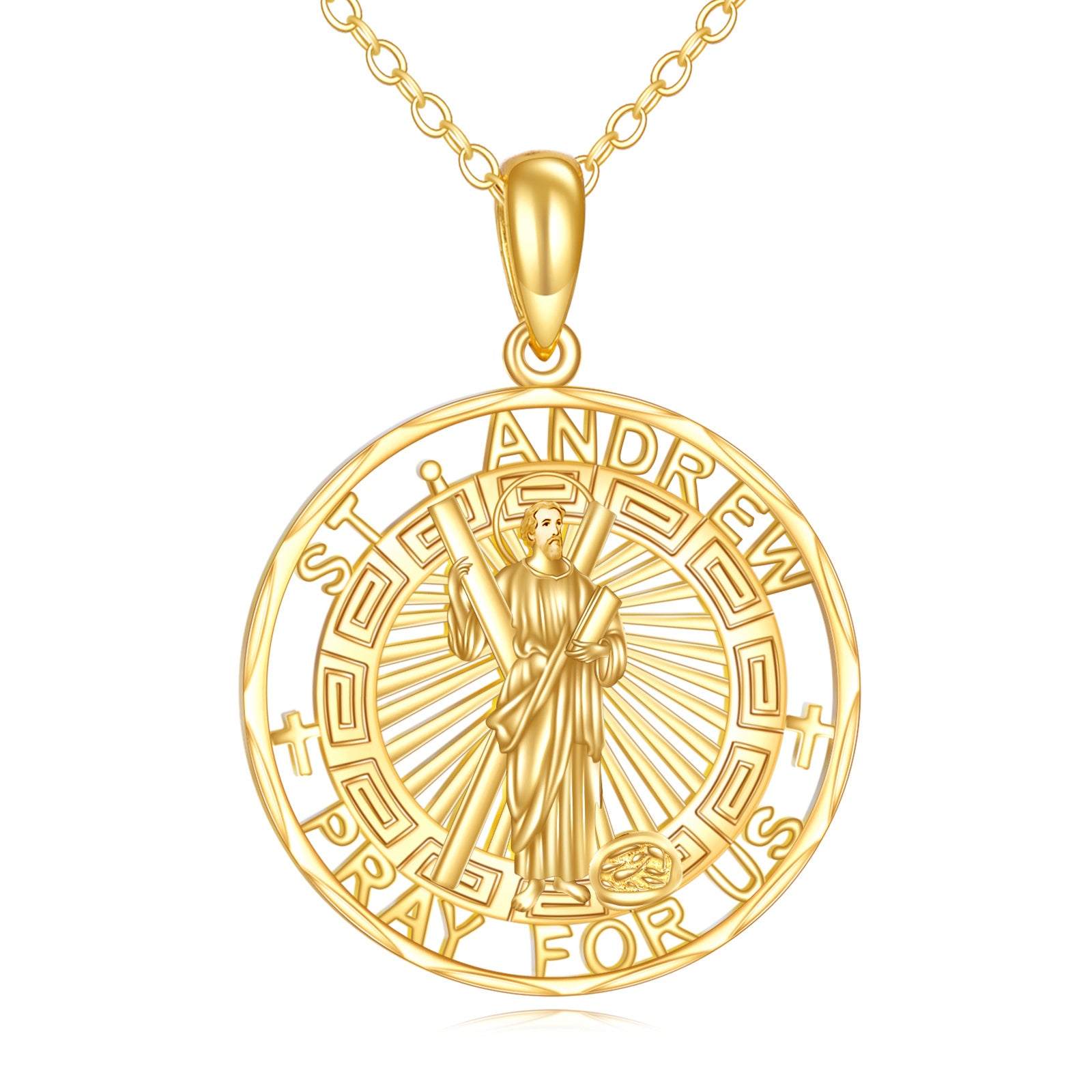 14K Gold Saint Andrew Pendant Necklace with Engraved Word