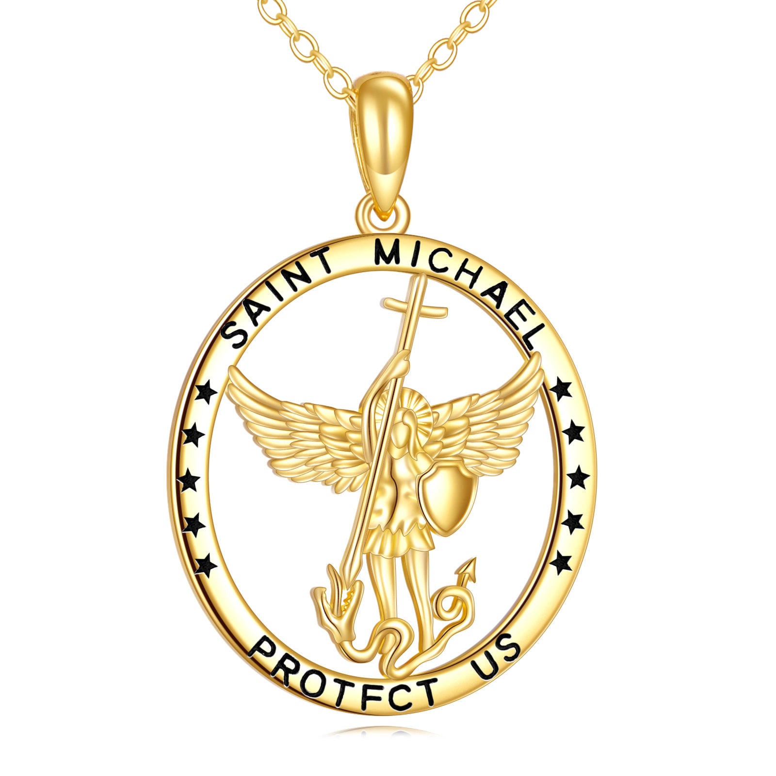 14K Gold Saint Michael Pendant Necklace with Engraved Word