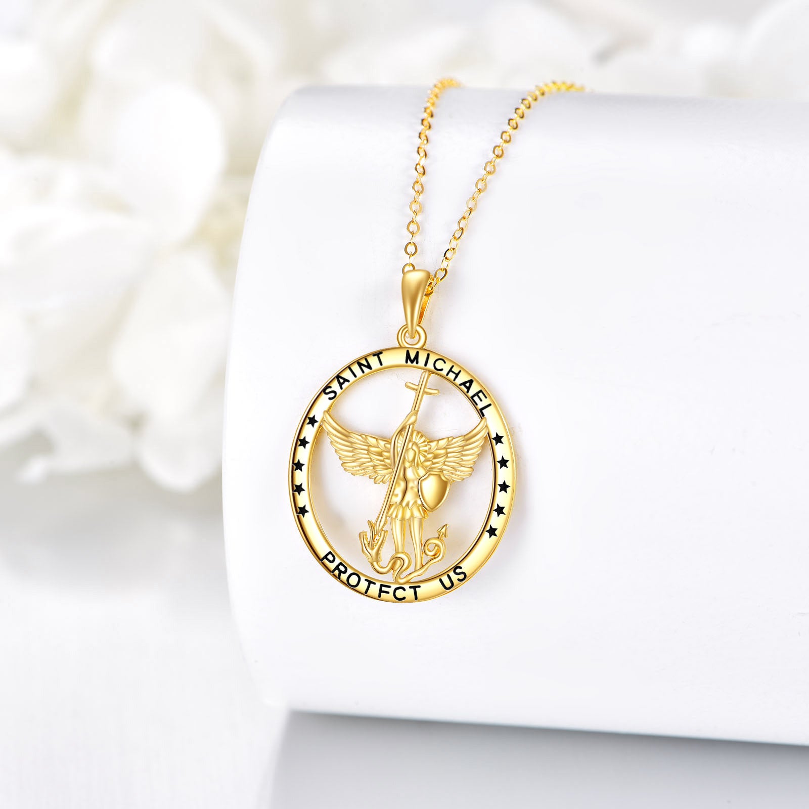 14K Gold Saint Michael Pendant Necklace with Engraved Word