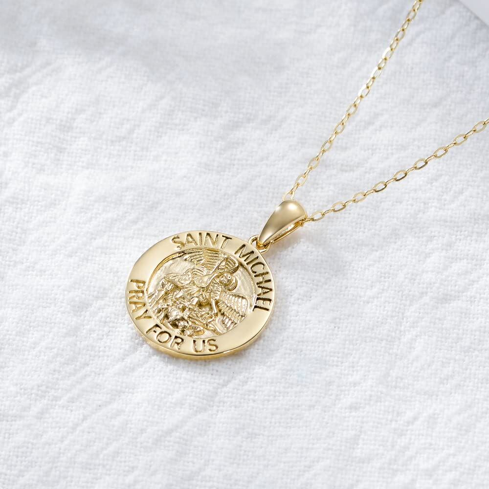 14K Gold Saint Michael Pendant Necklace with Engraved Word