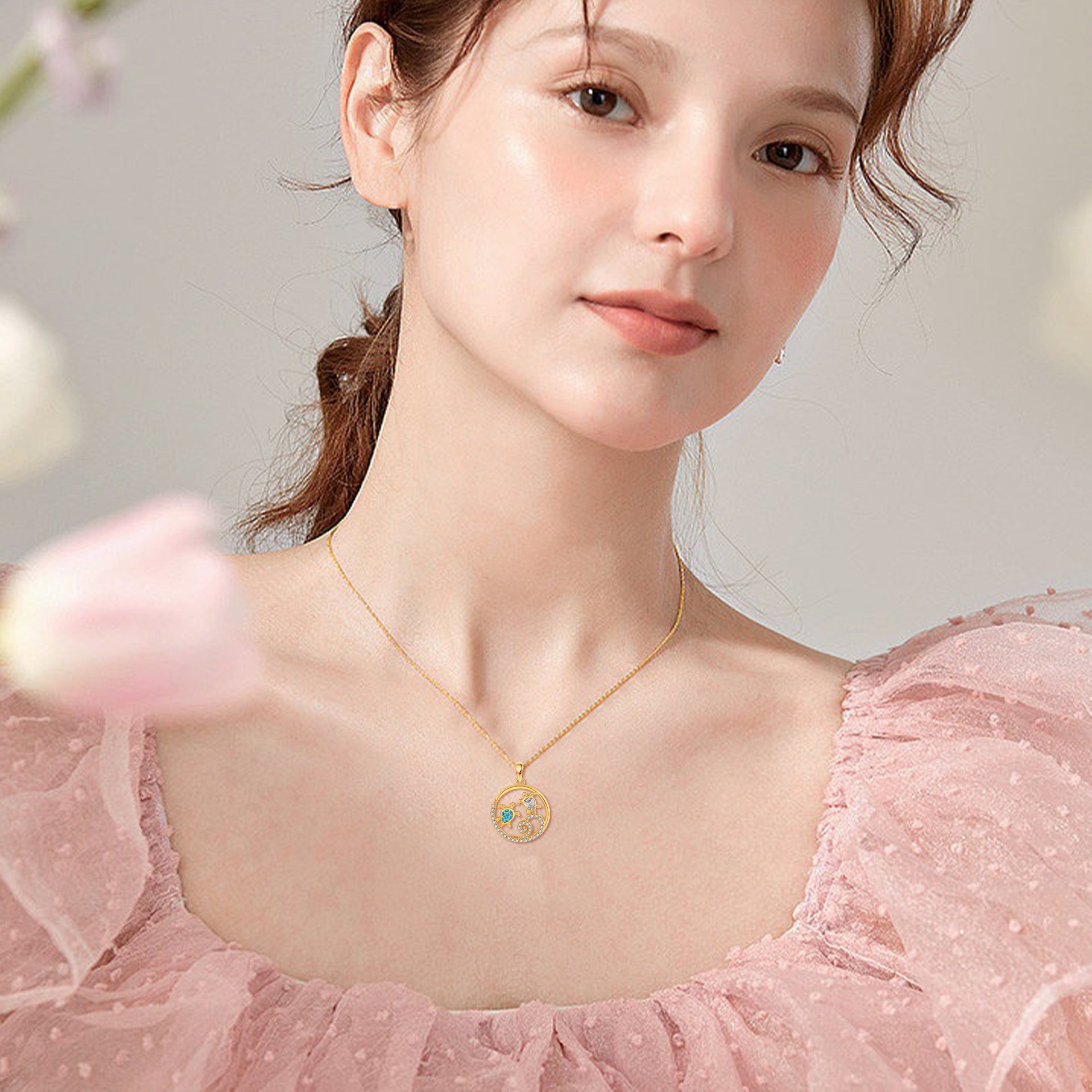 14K Gold Cubic Zirconia Sea Turtle Pendant Necklace