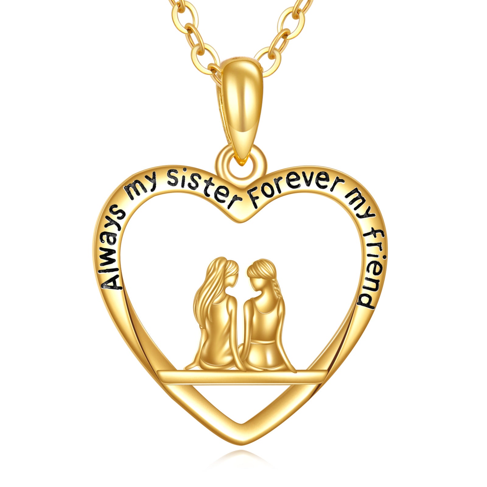 14K Gold Sisters & Heart Pendant Necklace with Engraved Word