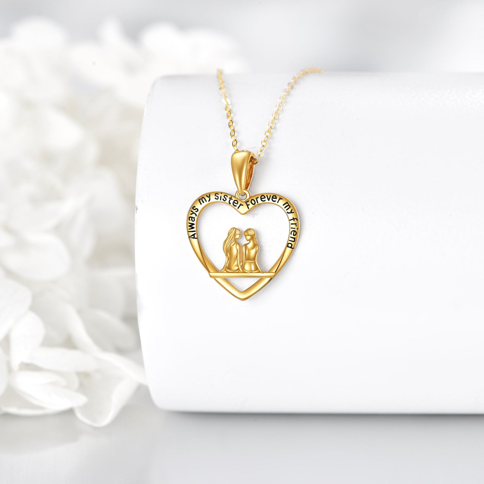 14K Gold Sisters & Heart Pendant Necklace with Engraved Word