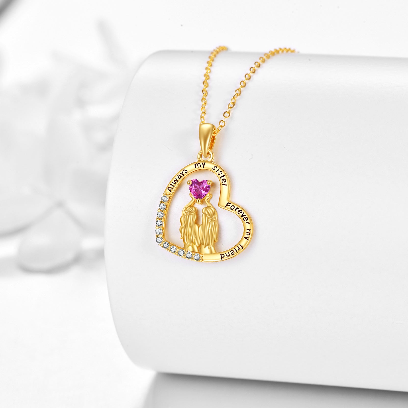 14K Gold Cubic Zirconia 2 Sisters in Heart Pendant Necklace