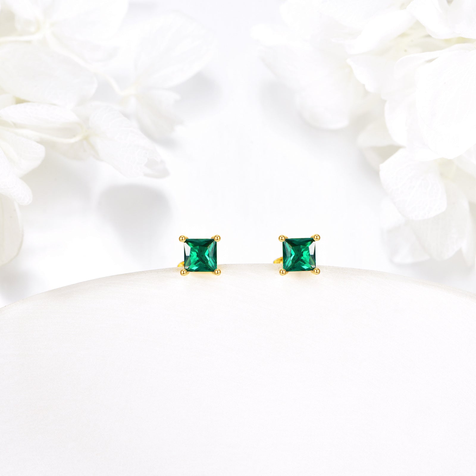 14K Gold Square Emerald Cubic Zirconia Stud Earrings
