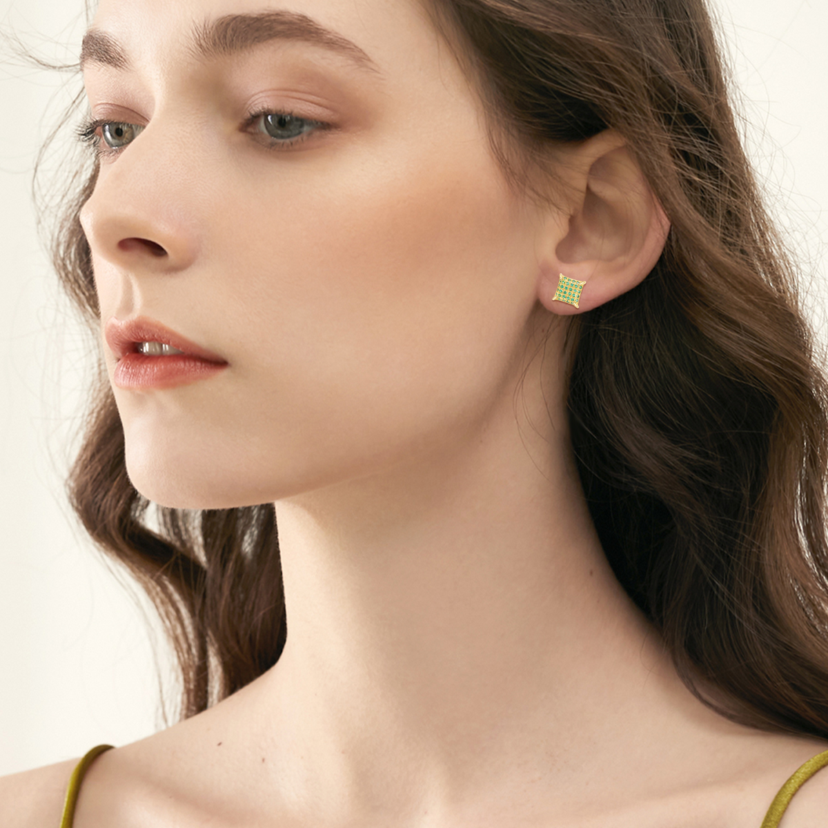 14K Gold Cubic Zirconia Square Stud Earrings For Women