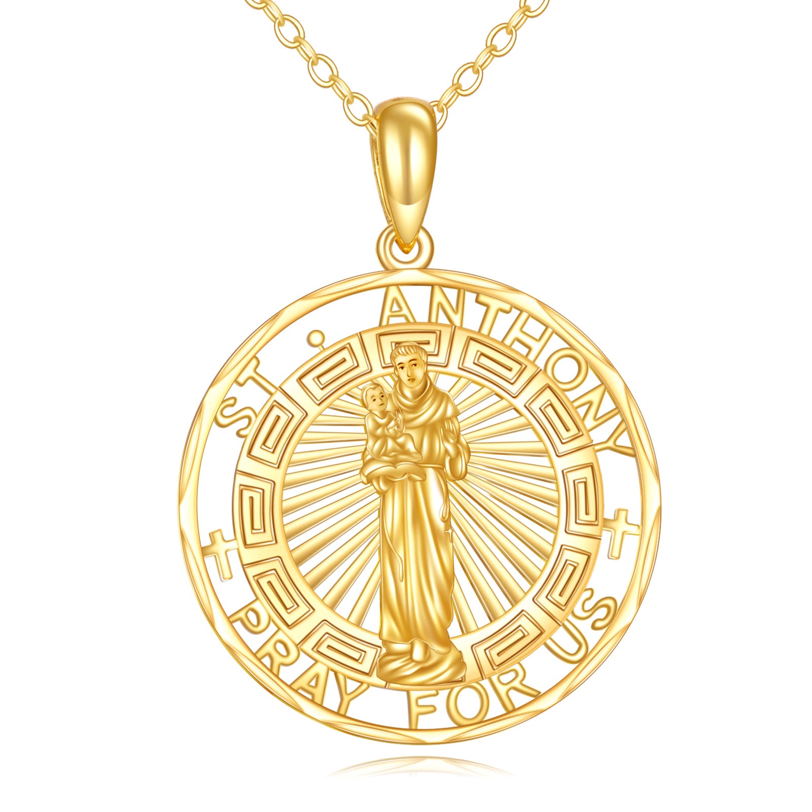 14K Gold St. Anthony Pendant Necklace with Engraved Word