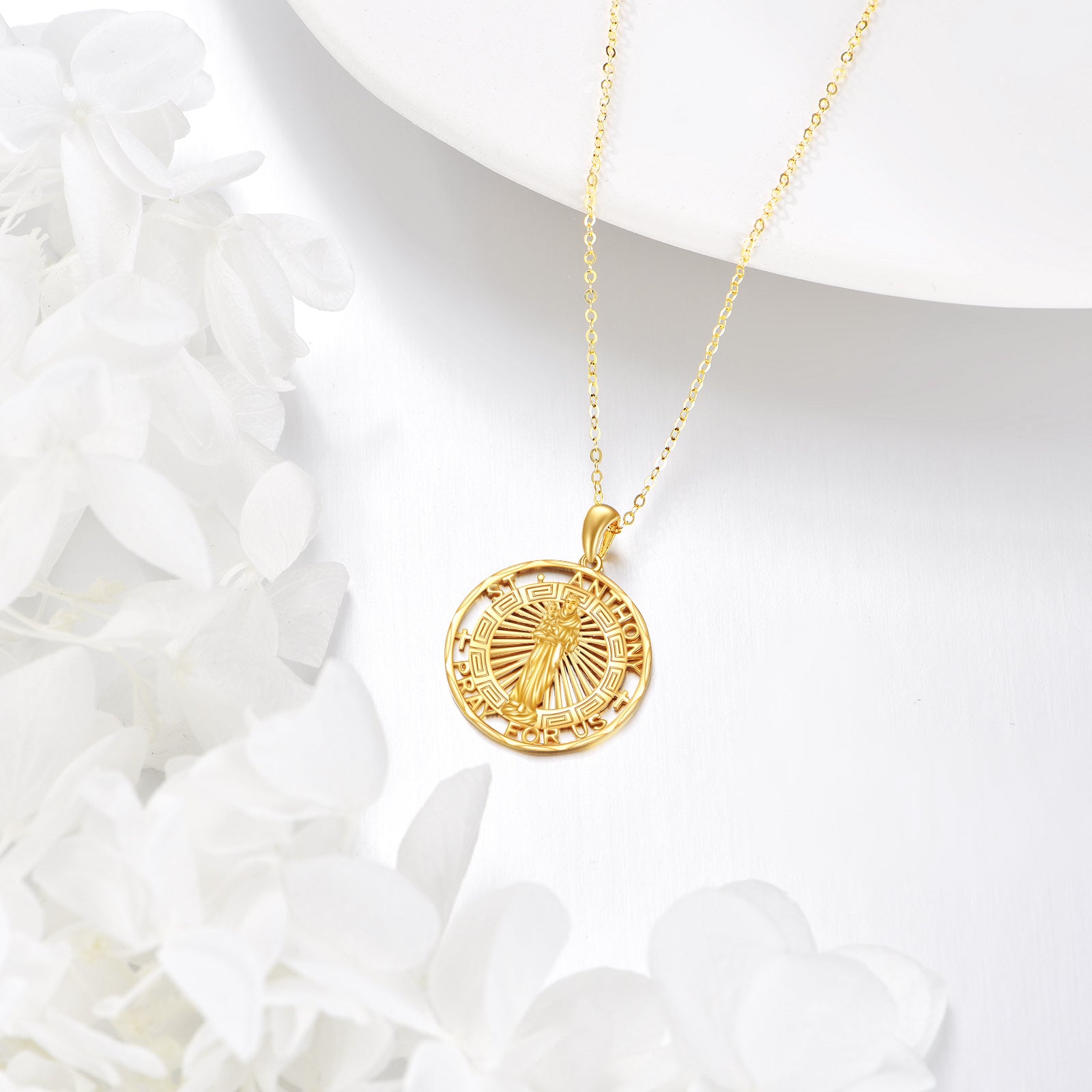 14K Gold St. Anthony Pendant Necklace with Engraved Word