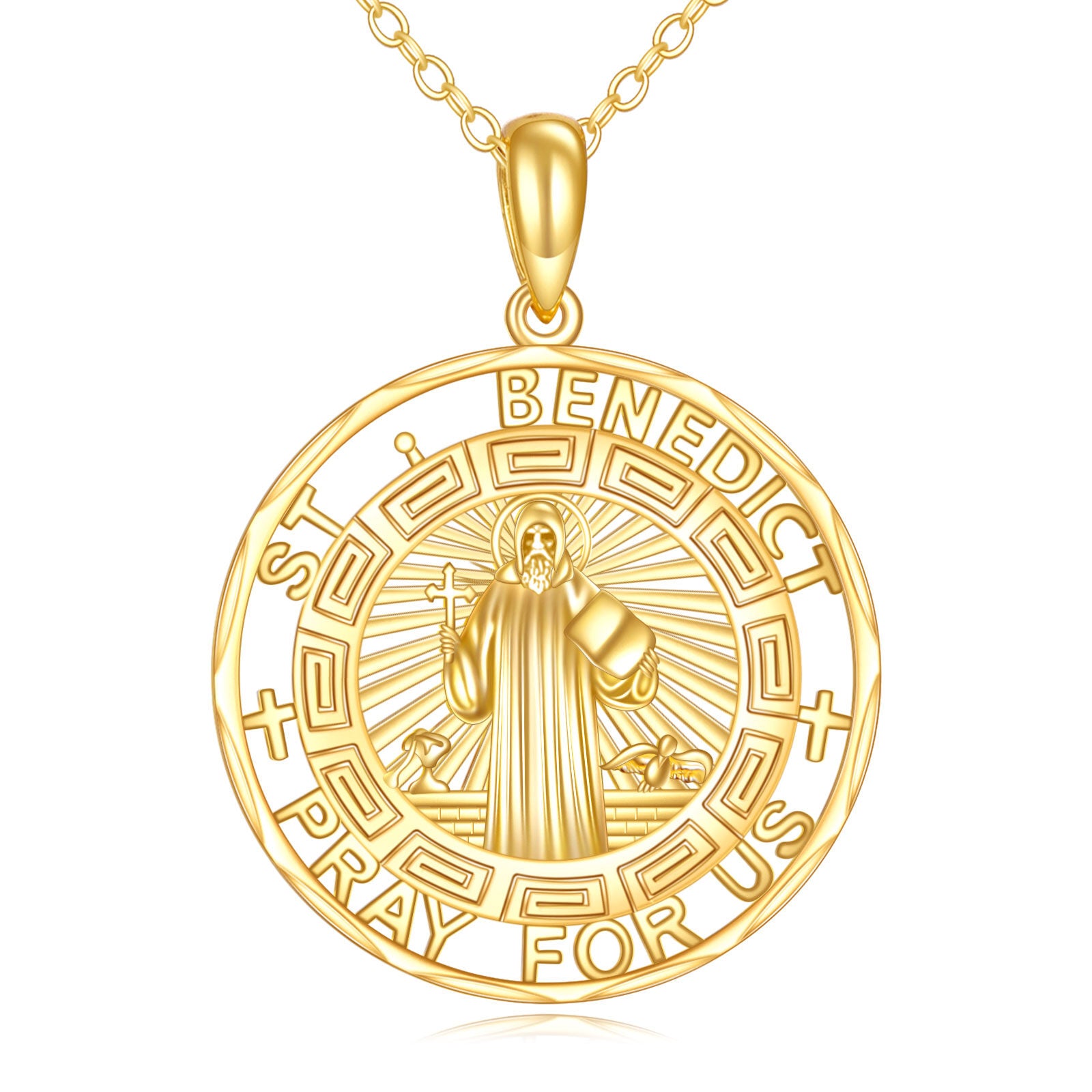 14K Gold St Benedict Medal Pendant Necklace