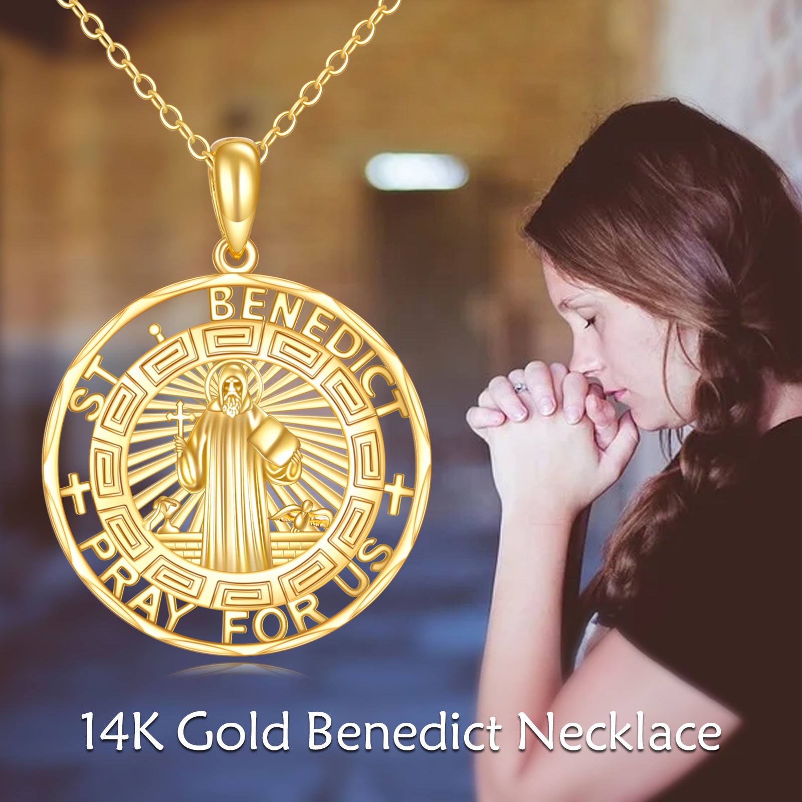 14K Gold St Benedict Medal Pendant Necklace
