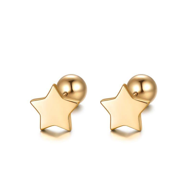 14k Gold Star And Ball Earrings Screw Back, Real Gold Double Sided Studs For Women