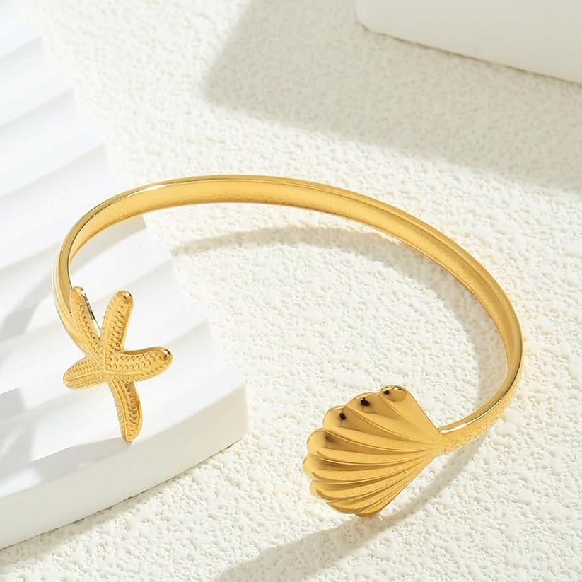 Sterling Silver with Yellow Gold Plated Star & Shell Plain Bangle Bracelet