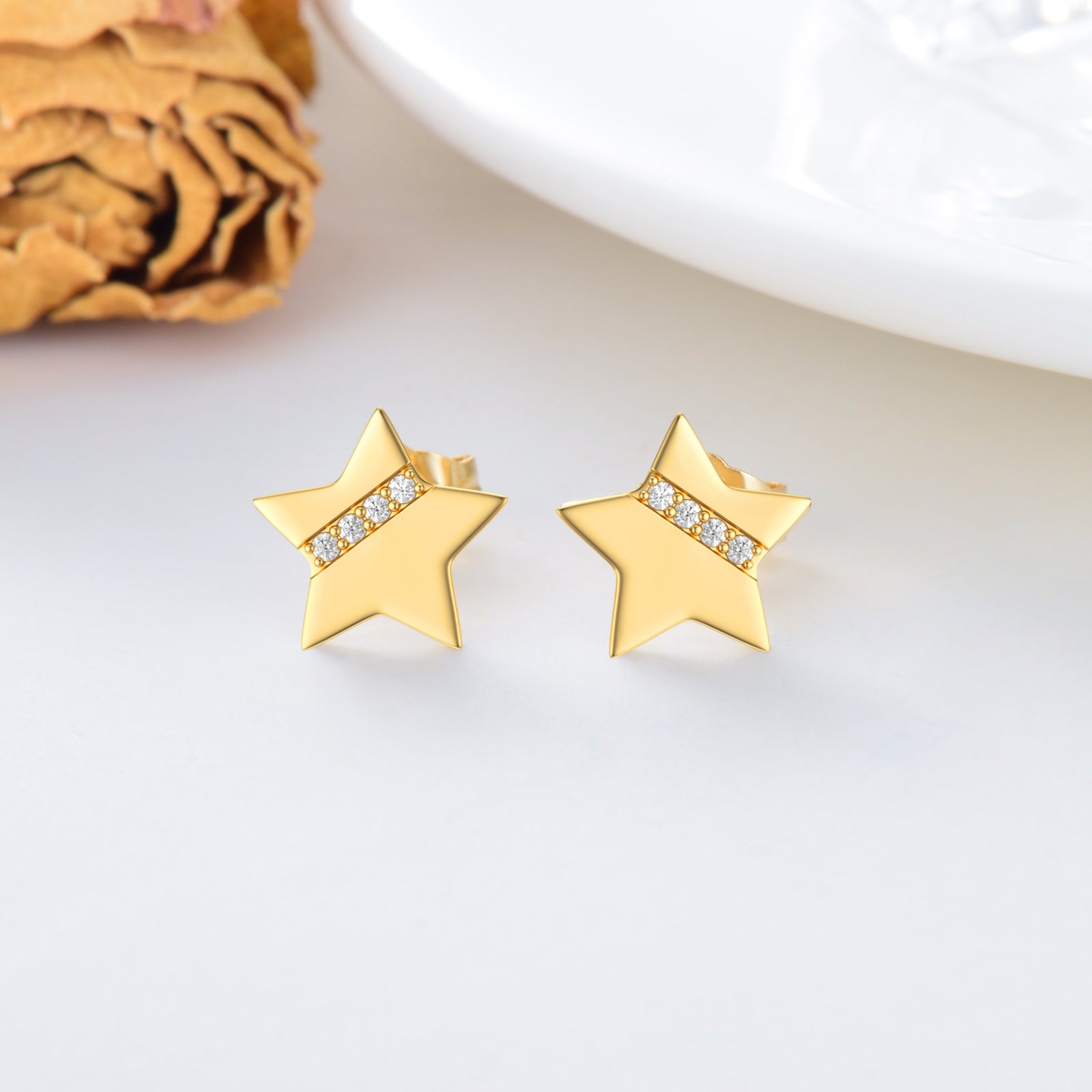 14K Gold Cubic Zirconia Stars Stud Earrings