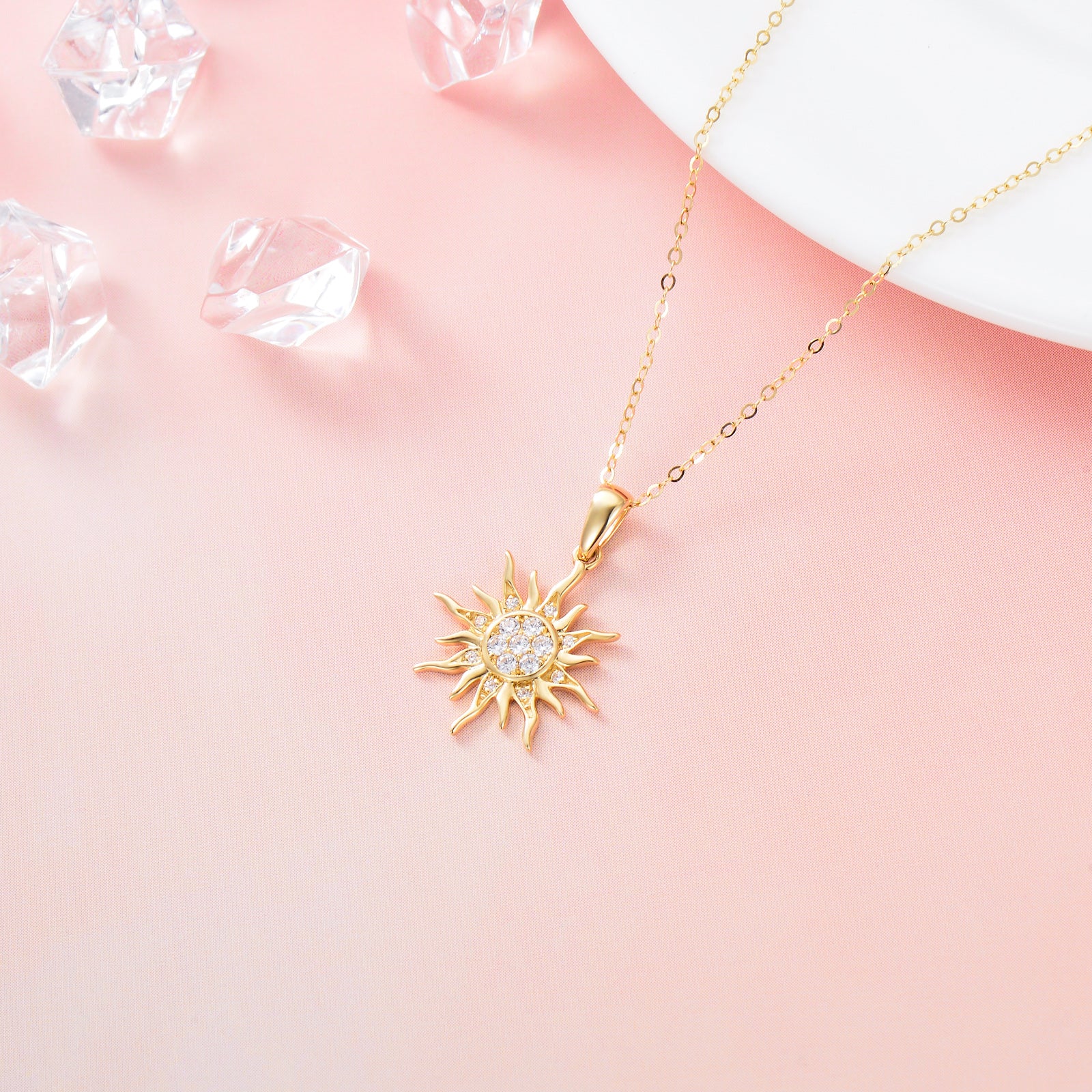 14K Gold Cubic Zirconia Sun Pendant Necklace