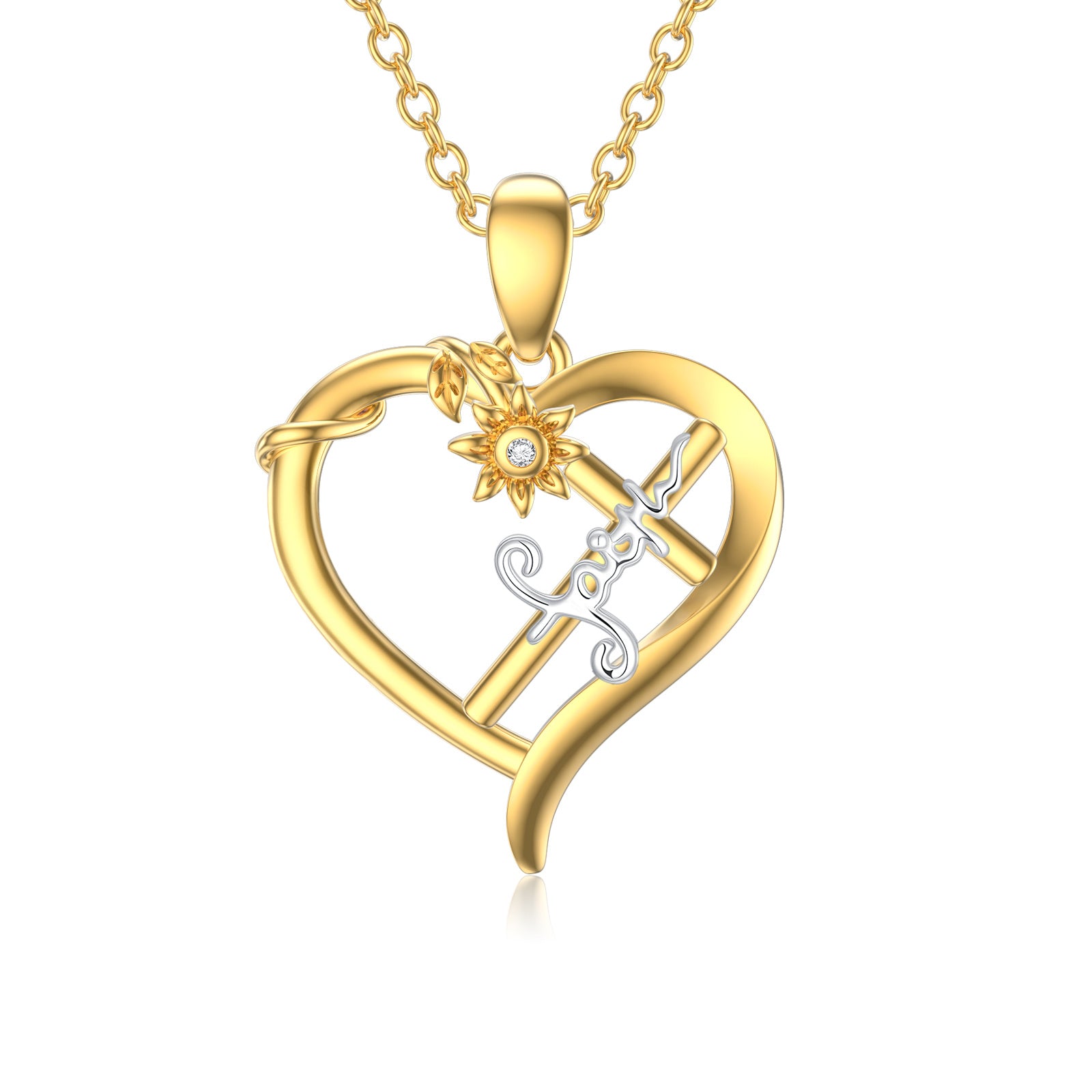 14K Gold Cubic Zirconia Sunflower & Cross & Heart Pendant Necklace with Engraved Word