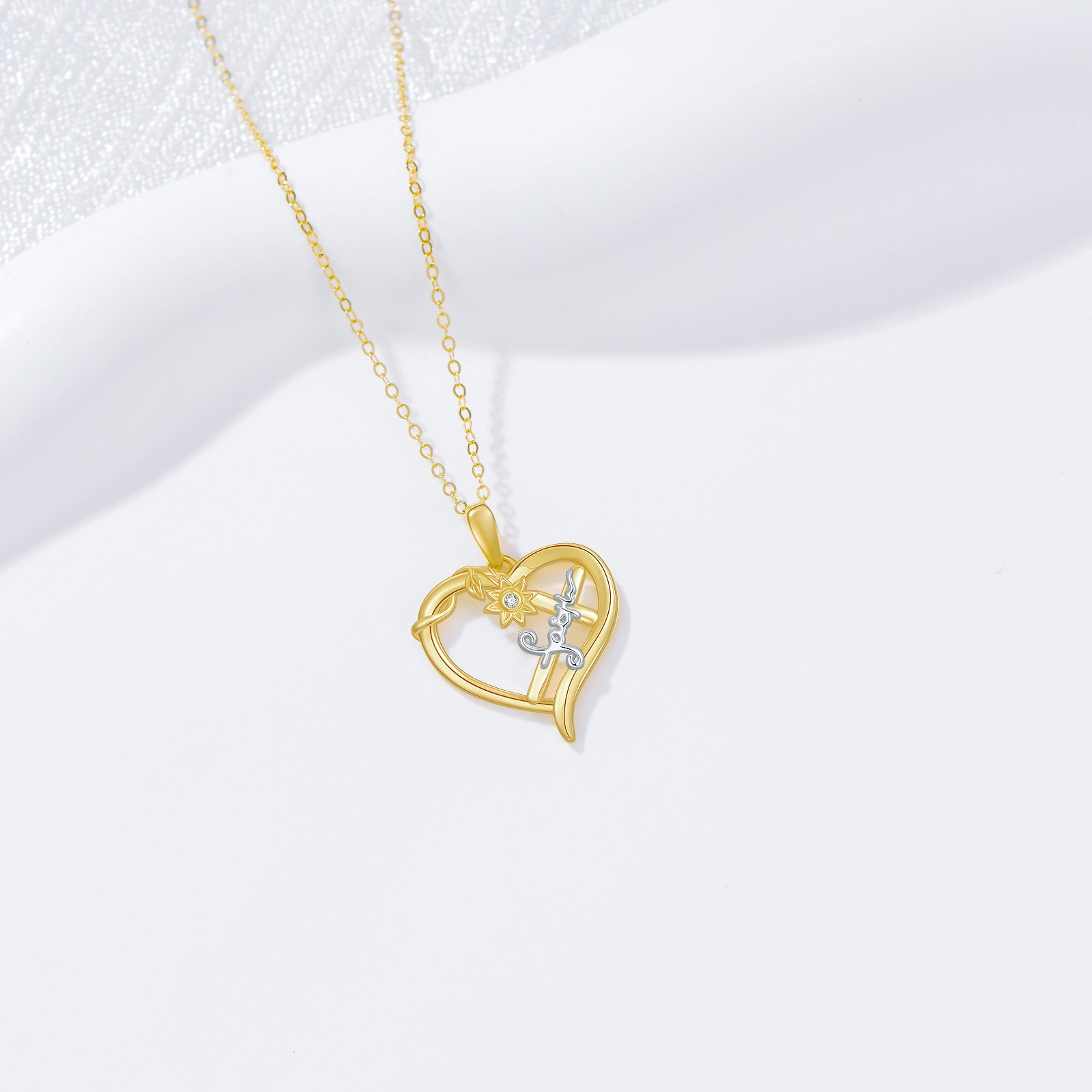 14K Gold Cubic Zirconia Sunflower & Cross & Heart Pendant Necklace with Engraved Word