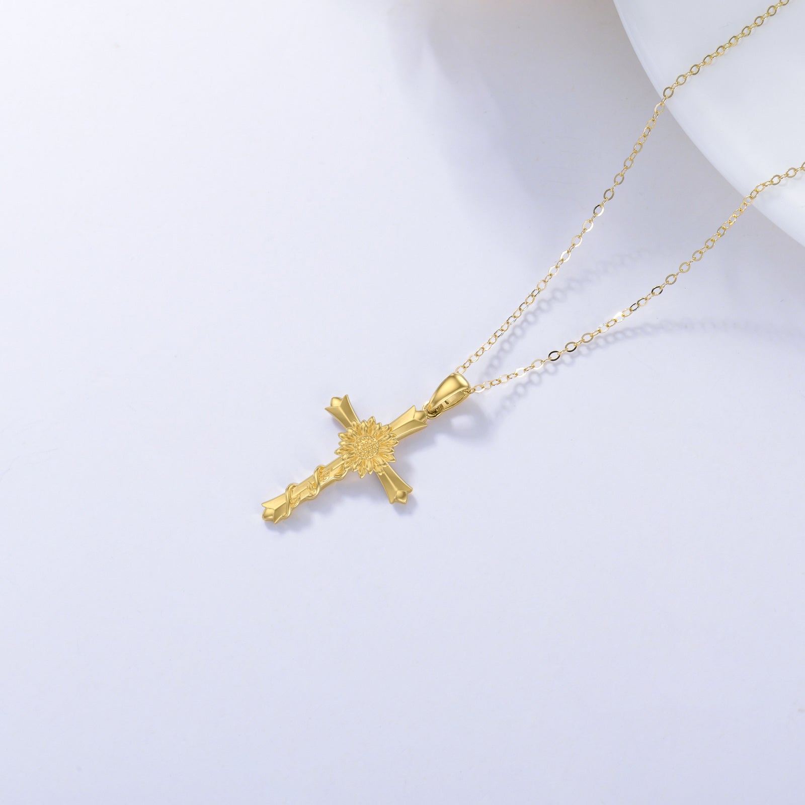 14K Gold Sunflower & Cross Pendant Necklace