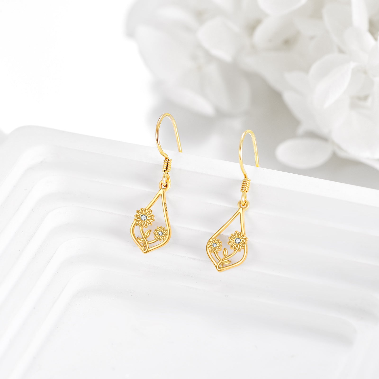 14K Gold Cubic Zirconia Sunflower Drop Earrings