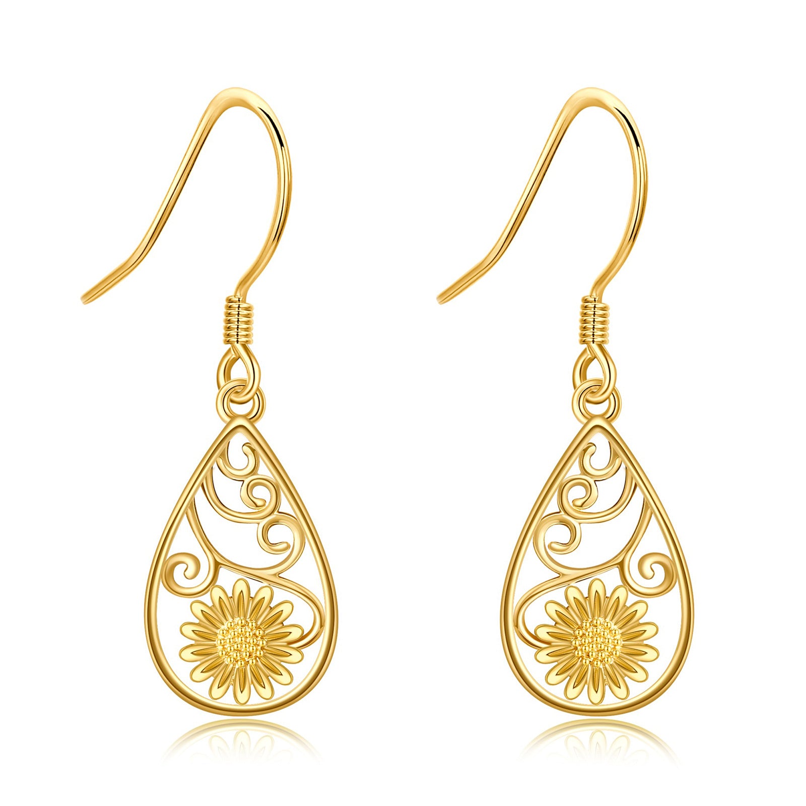 14K Gold Sunflower Drop Earrings