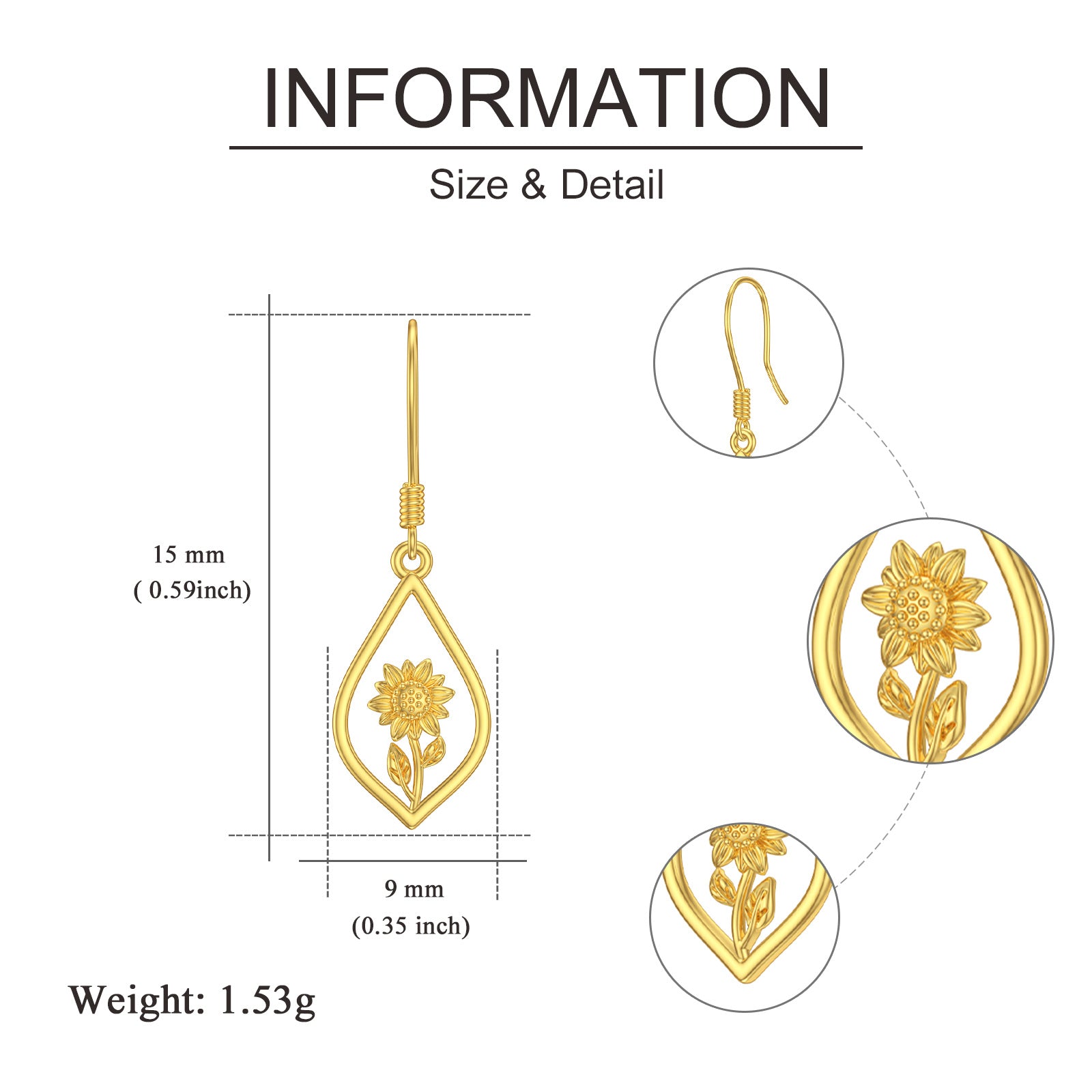 14K Gold Sunflower Drop Earrings for Women