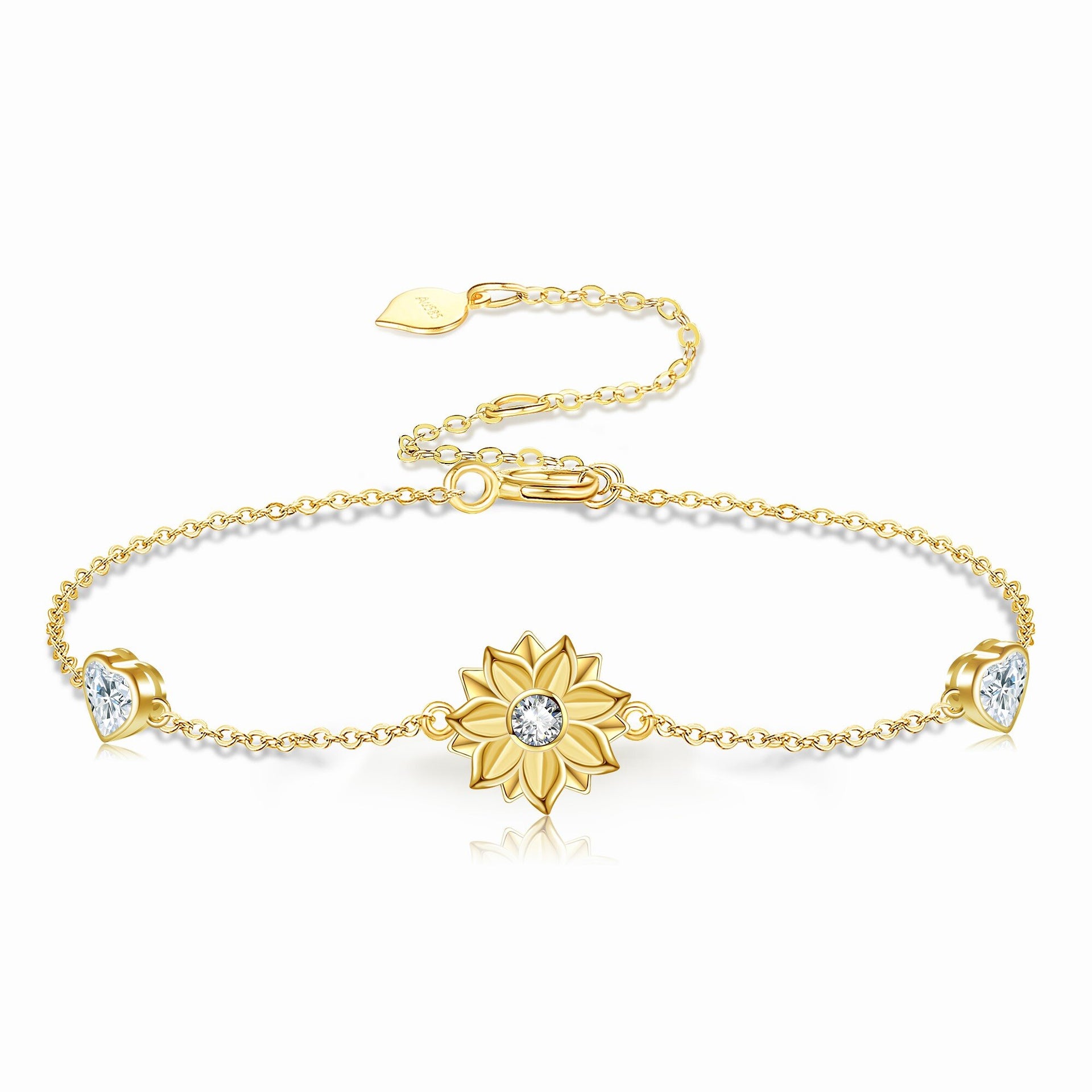 14K Gold Cubic Zirconia Sunflower & Heart Charm Bracelet