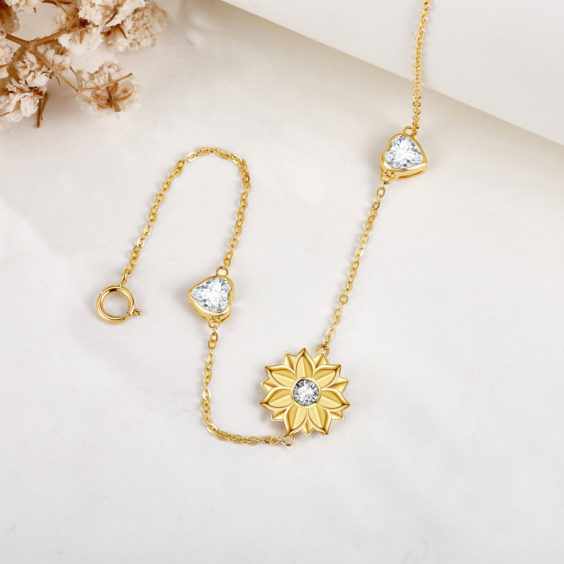 14K Gold Cubic Zirconia Sunflower & Heart Charm Bracelet