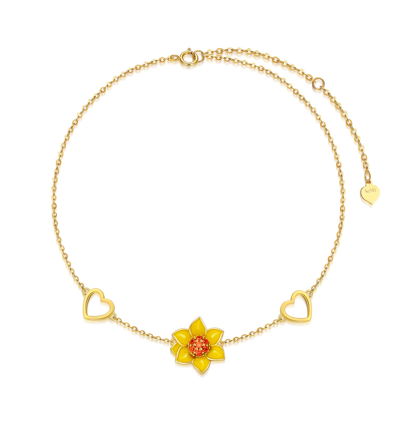 14K Gold Cubic Zirconia Sunflower & Heart Charm Bracelet