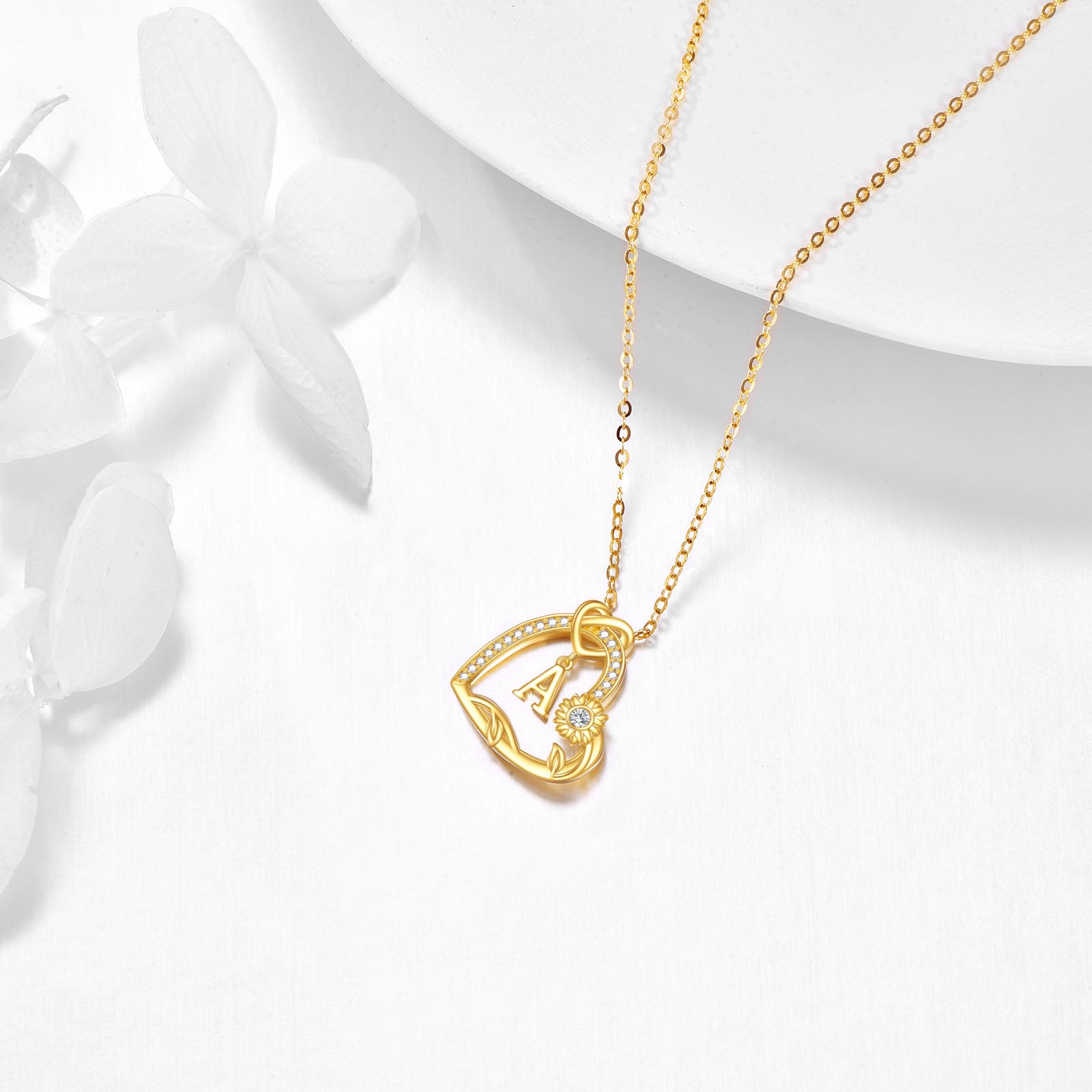 14K Gold Cubic Zirconia Sunflower Heart With Heart Pendant Necklace With Initial Letter A For Women