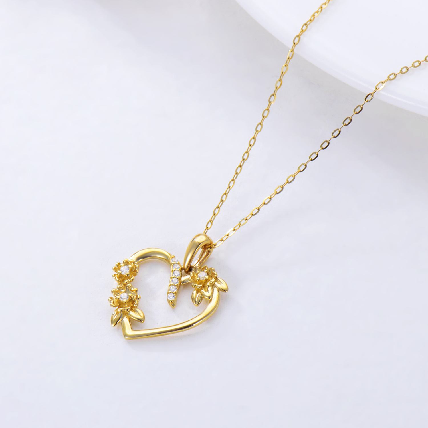 14K Gold Cubic Zirconia Sunflower & Heart Pendant Necklace