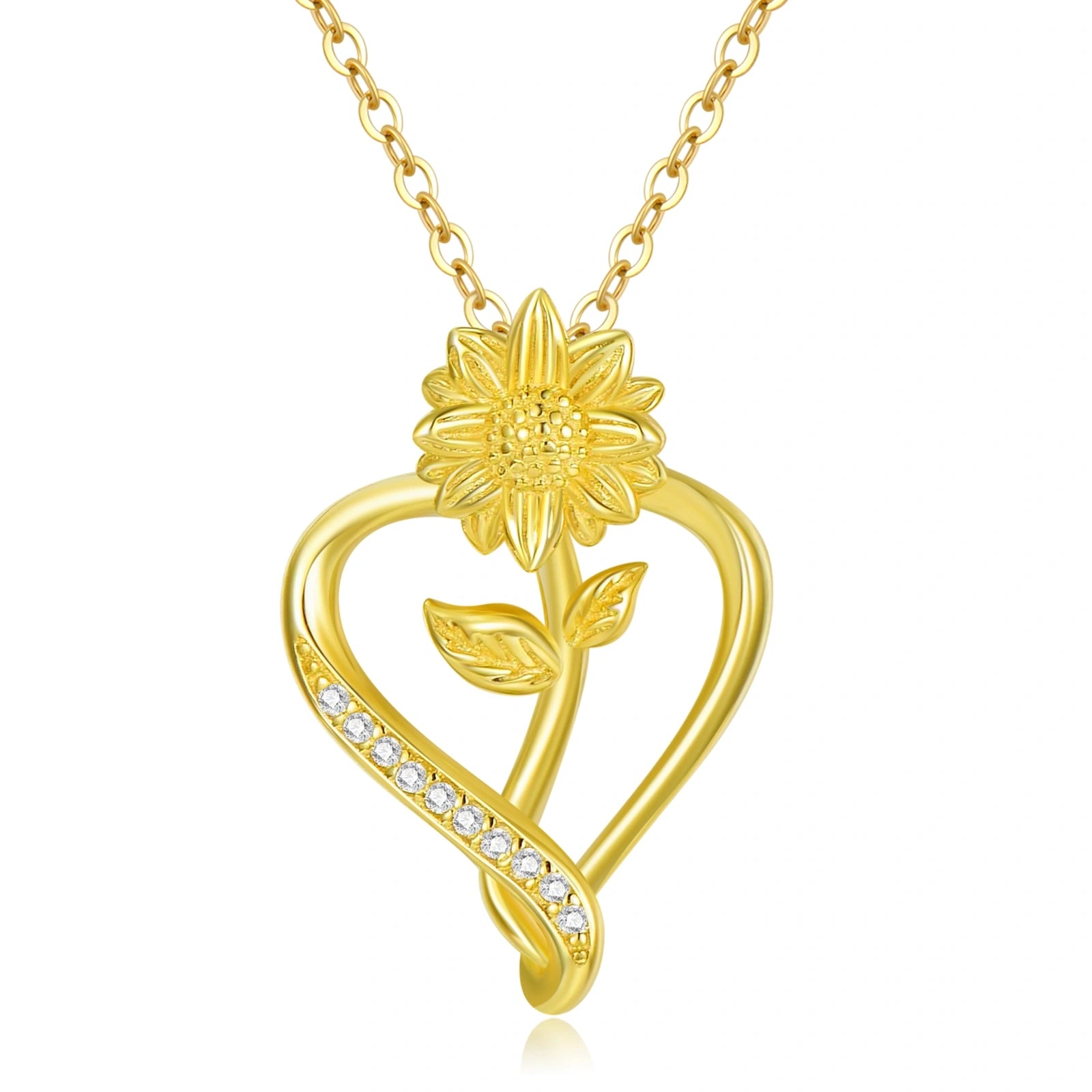 14K Gold Cubic Zirconia Sunflower & Heart Pendant Necklace