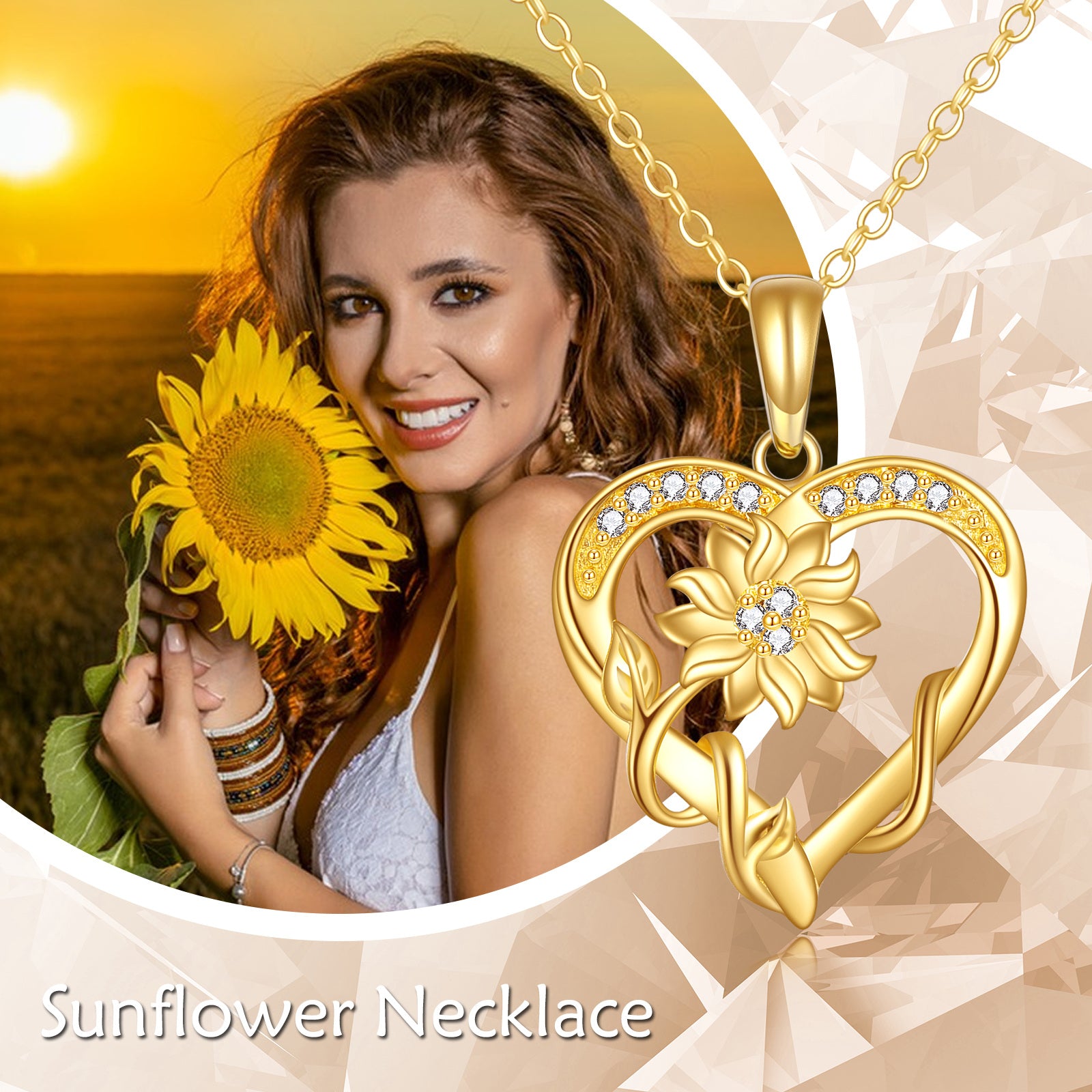 14K Gold Cubic Zirconia Sunflower & Heart Pendant Necklace