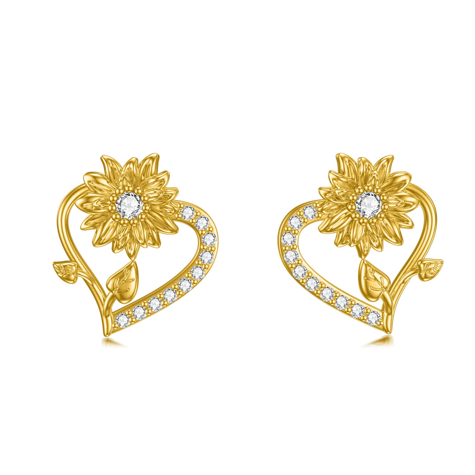 14K Gold Cubic Zirconia Sunflower & Heart Stud Earrings