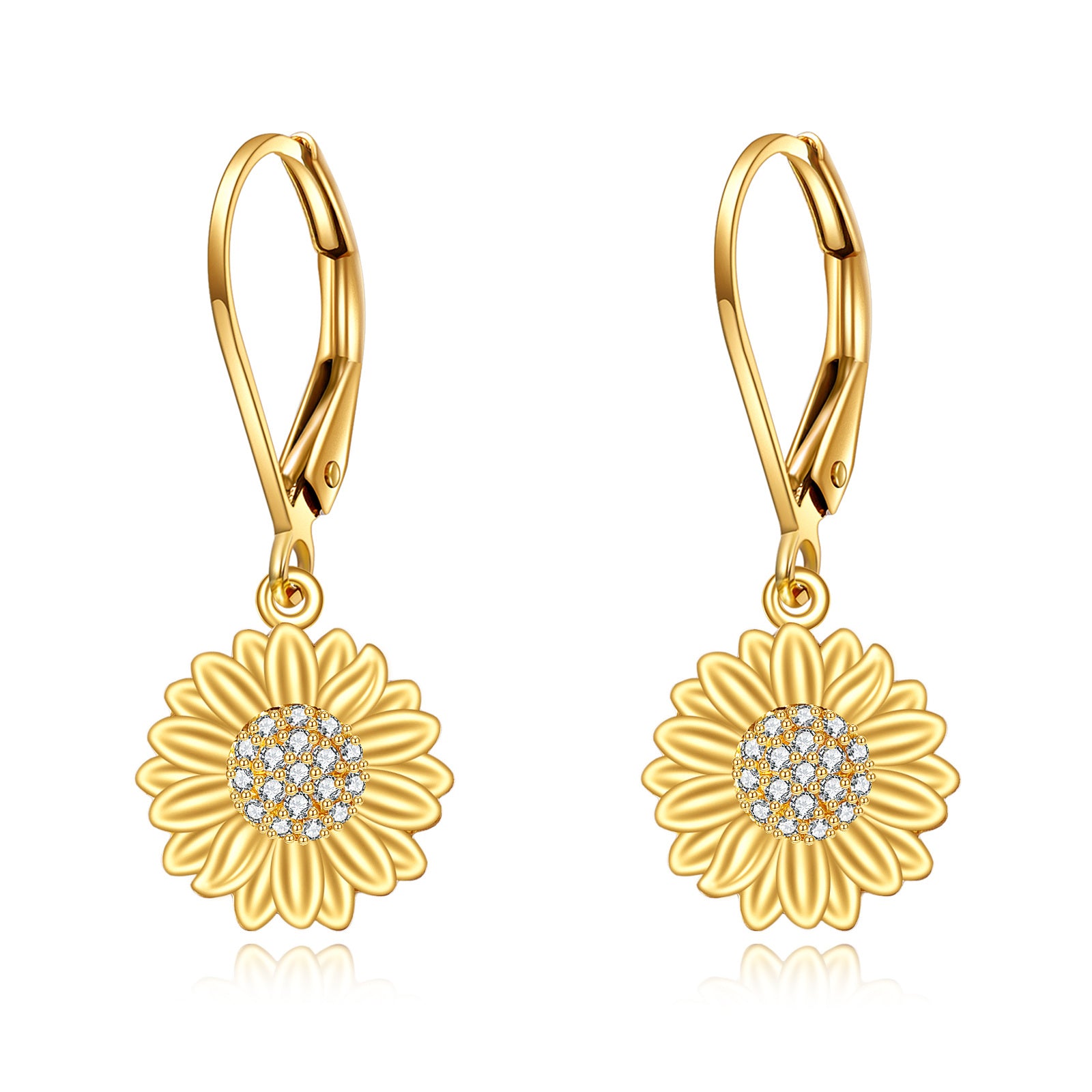 14K Gold Cubic Zirconia Sunflower Lever-back Earrings
